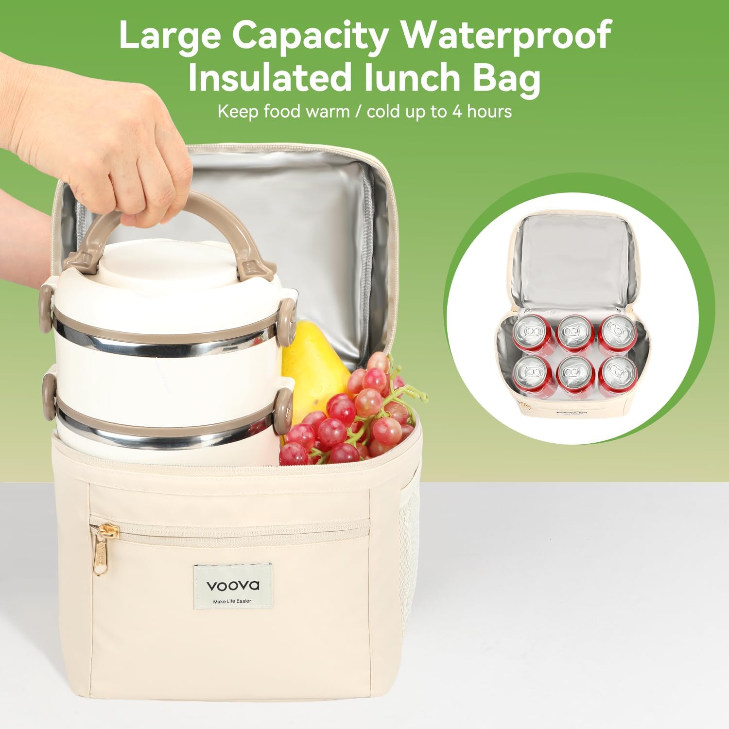 Voova Stackable Stainless Steel Thermal Lunch Box with Lunch Bag for Women Men Adult, 2 Tier Leakproof & Microwave Safe Insulated Bento Boxes Food Container for Work, Beige