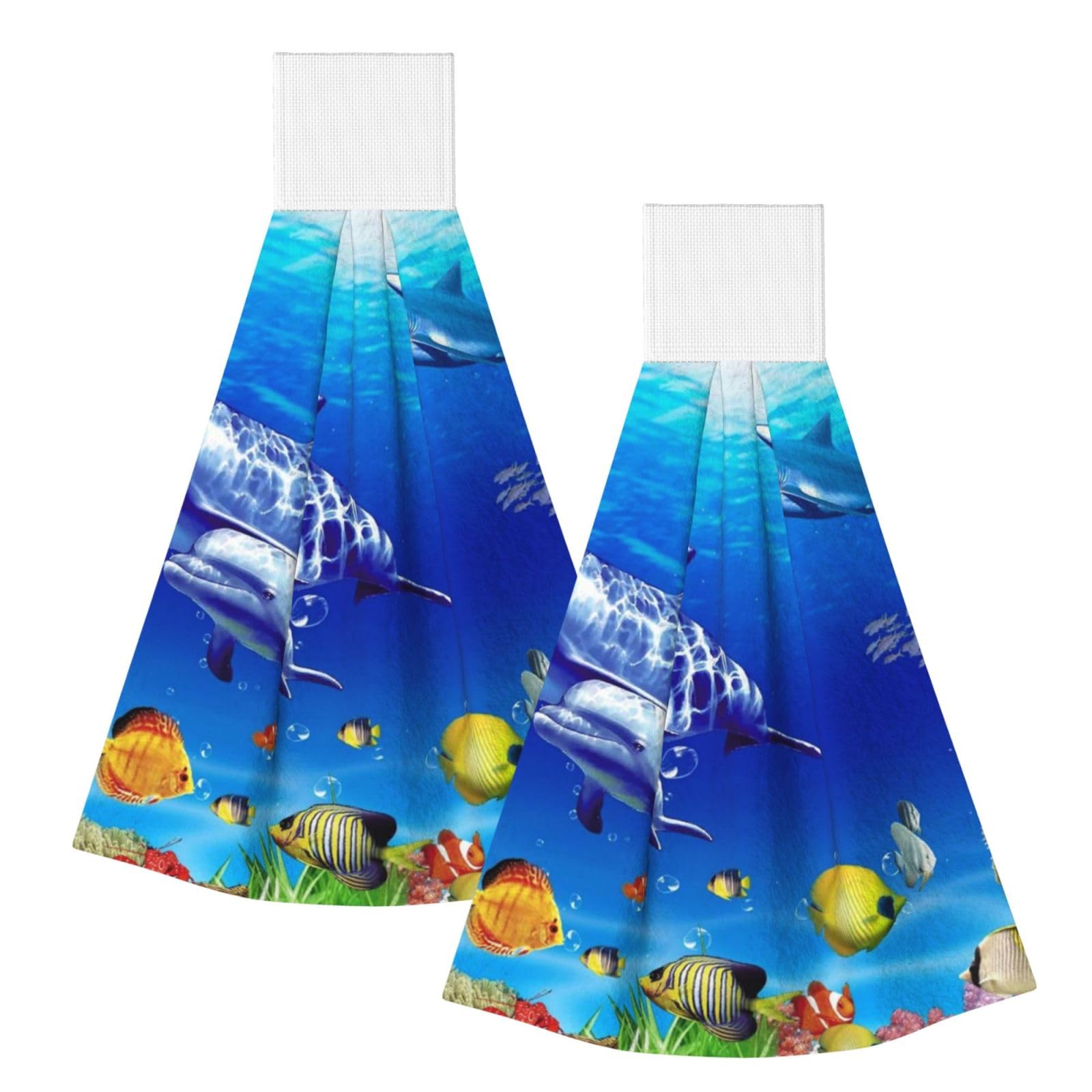DOPKLNA Seabed Coral Fish, 2 Pcs Hanging Coral Fiber Hand Towels for Bathroom, Absorbent Kitchen Towels