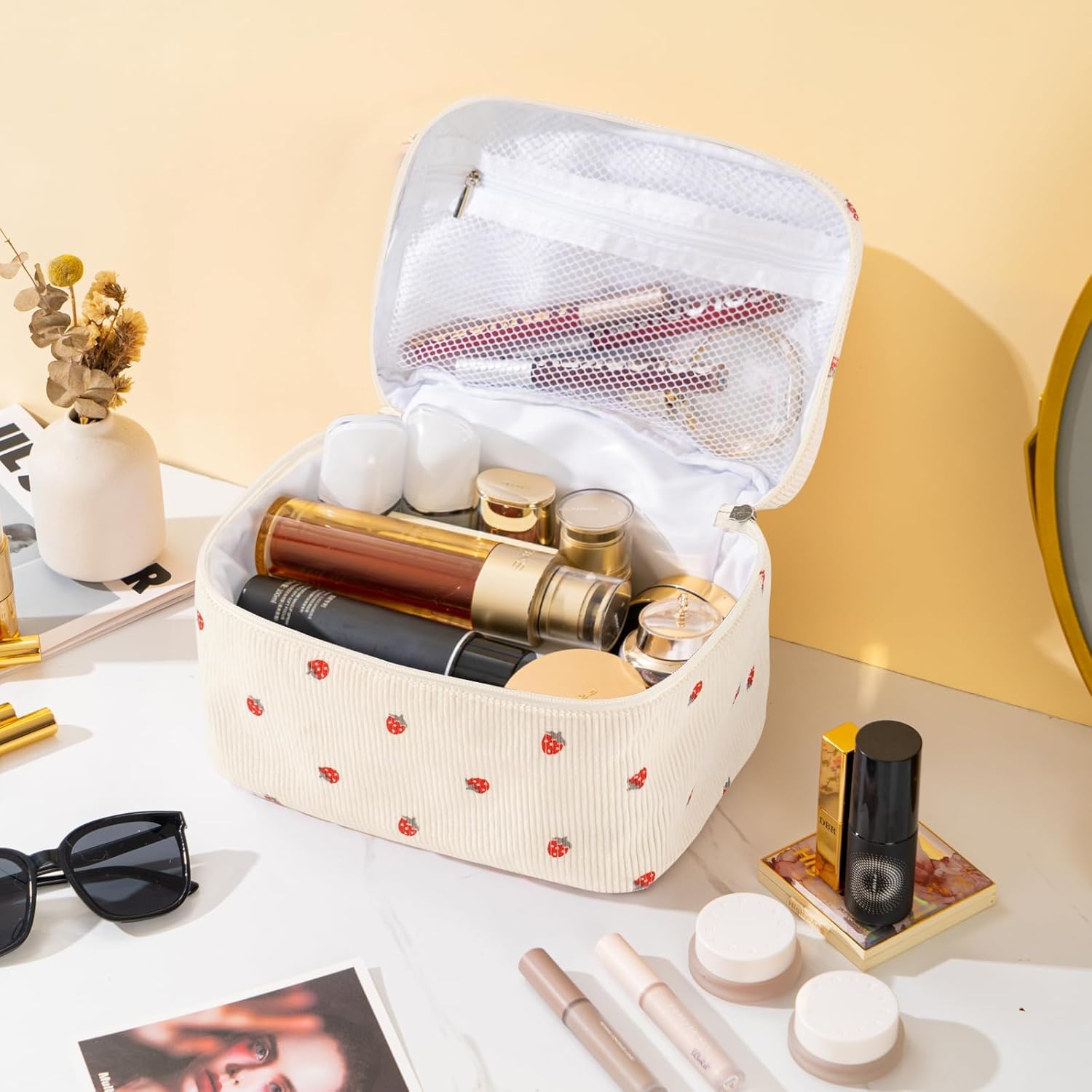 Makeup Bag for Women Quilted Corduroy Make Up Bag Travel Cosmetic Bag Large Makeup Bag Cute Makeup Bags Organizer Toiletry Bag Makeup Pouch for Purse, Mini Strawberry - Image 2