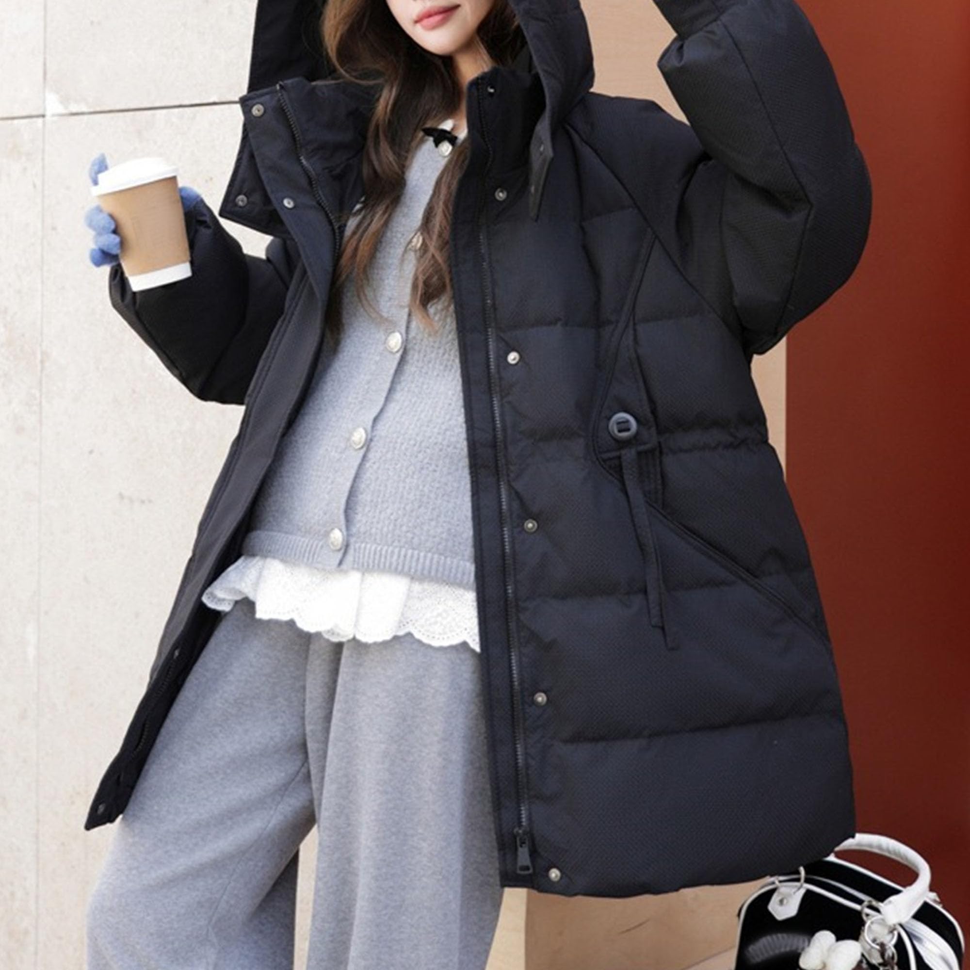 Cappotto invernale da donna regolabile in vita con cappuccio e orlo stretto