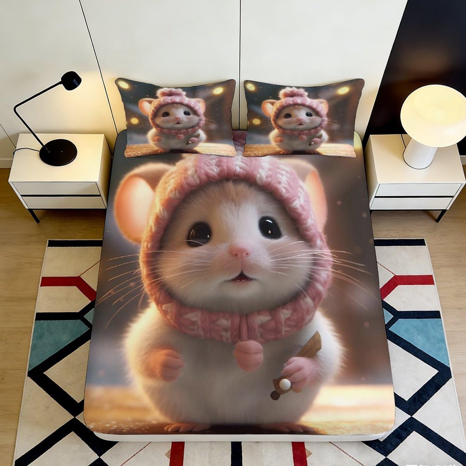 Decorative Cute Hamster Fitted Sheet 3D Printed Soft Touch Microfiber Bed Cover for Home Bedroom, Wrinkle Resistant, Apartment Bedding 90x200x25cm