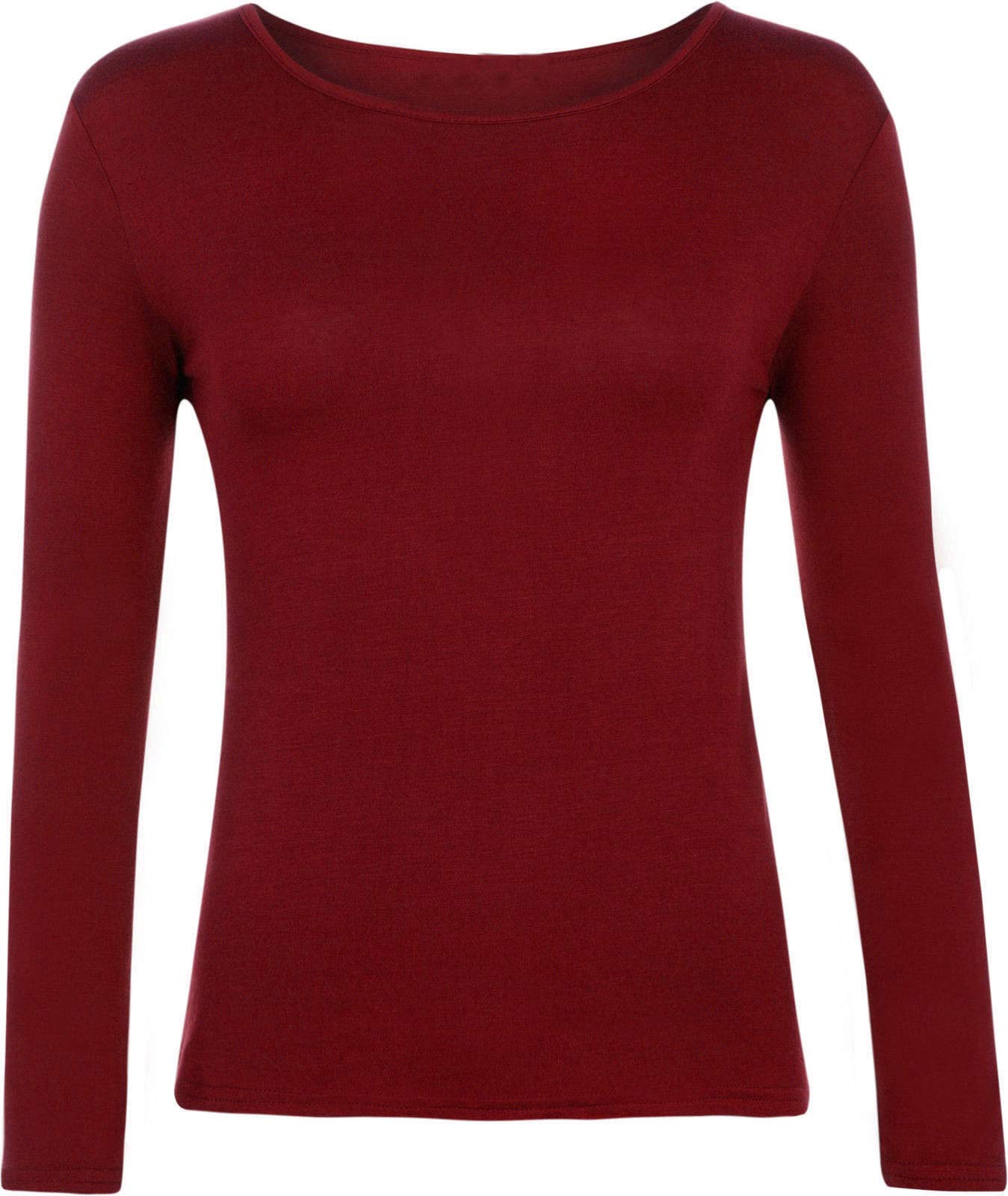 Ladies Women Basic Long Sleeve Plain Round Neck Ladies Stretch Plus Size Top T Shirt (Wine, SM)