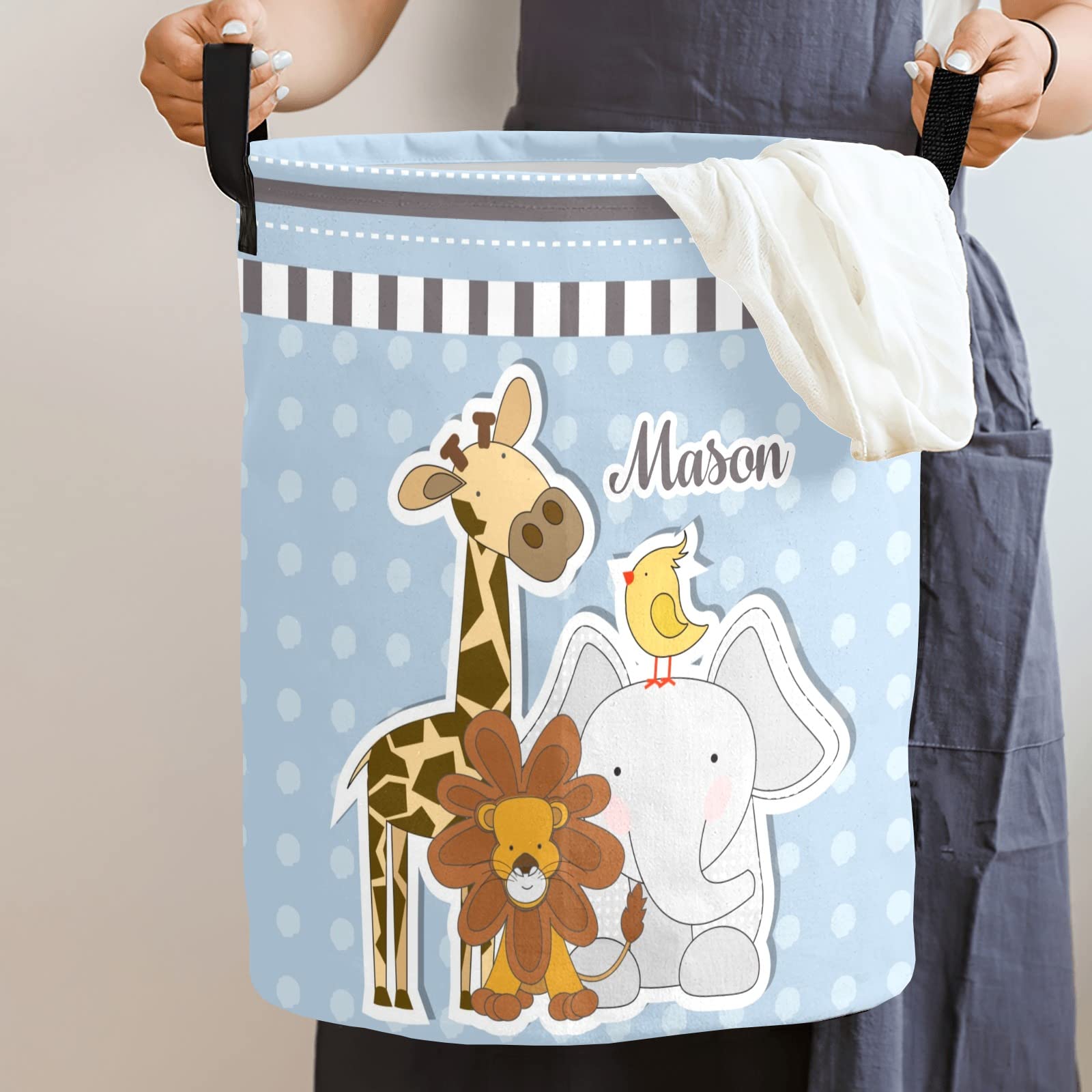 Jungle Animal Giraffe Elephant Lion Personalized Laundry Basket Clothes Hamper with Handles Waterproof,Collapsible Laundry Storage Baskets for Bathroom,Bedroom Decorative 19.7