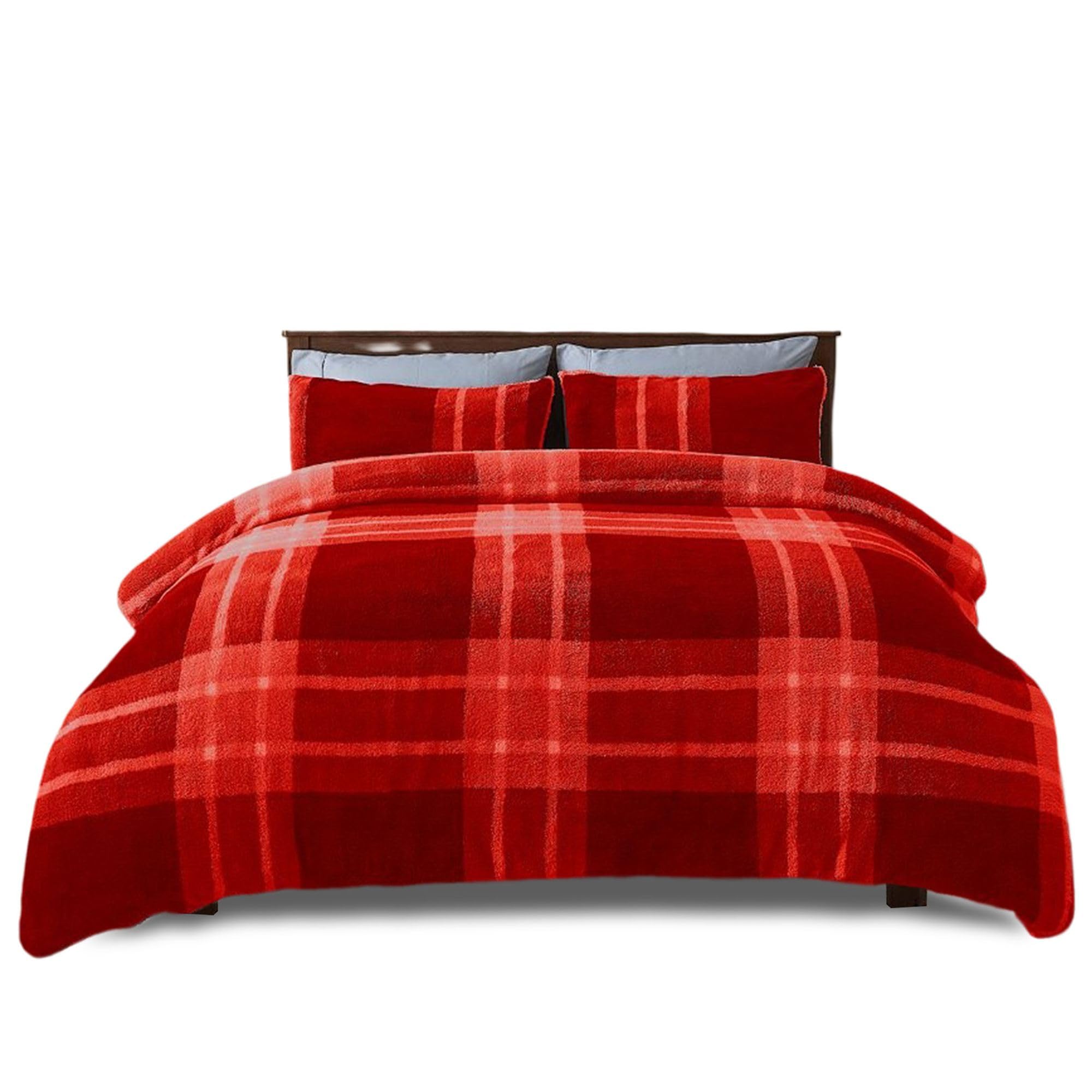 VELVETIO Teddy Fleece Duvet Cover Set with Pillowcases, Printed Fluffy Tartan Check Bedding Bedset King, Thermal Warm Checkered Comforter Coverlet, Red