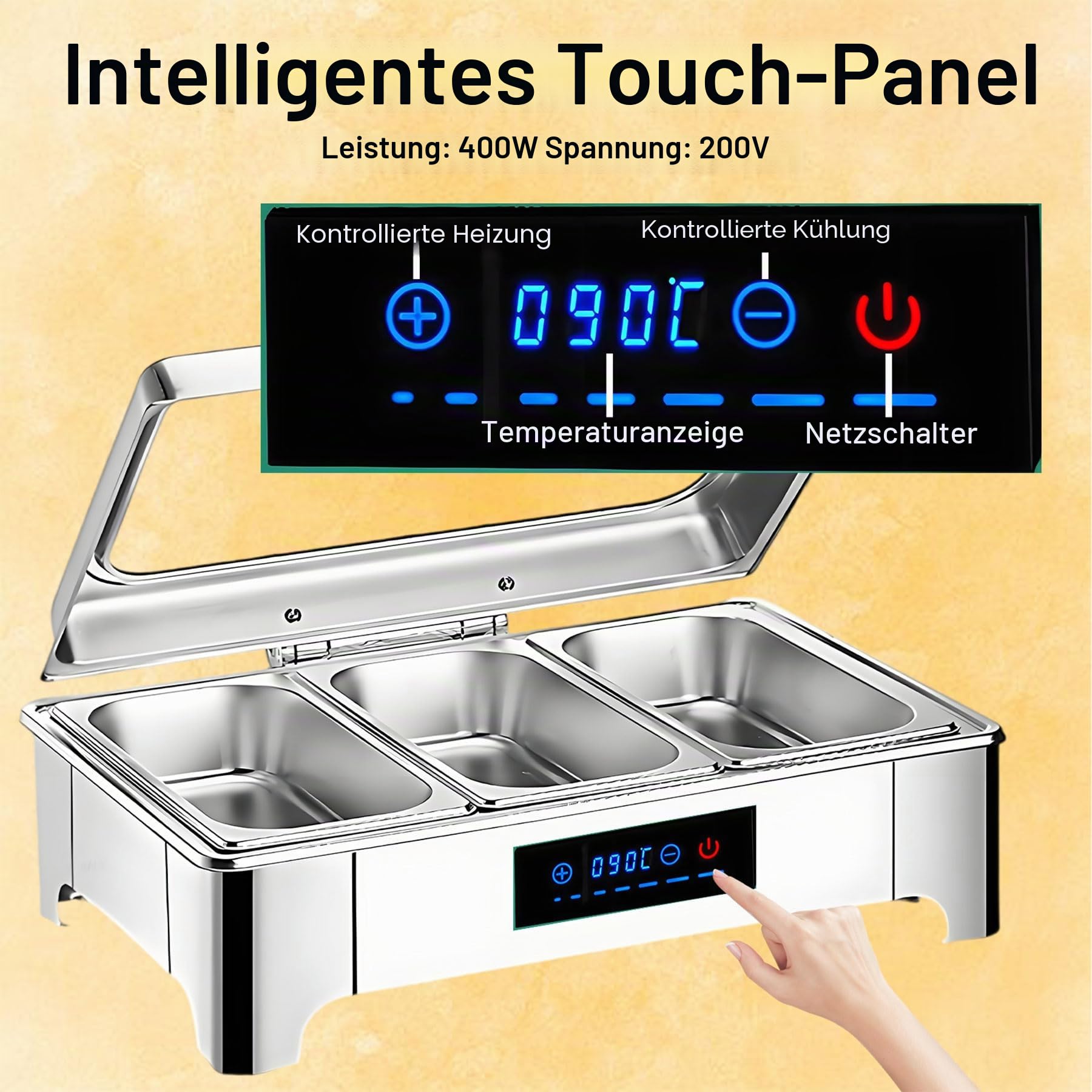 Chafing Dish Elektrisch, 9L Edelstahl Warmhaltebehälter Essen Buffet | Kommerziell Speisewärmer Buffetwärmer Elektrisch mit Sichtbarem Glasdeckel und Touchscreen-Temperaturregelung