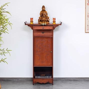 Temple Buddhist Altar Standing Cabinet, Homes Decor Shrine with Drawers, Retro Churches Meditation Altar Table with Cabinet, Can Candles,Incense Burners,Buddha Statues,offerings.