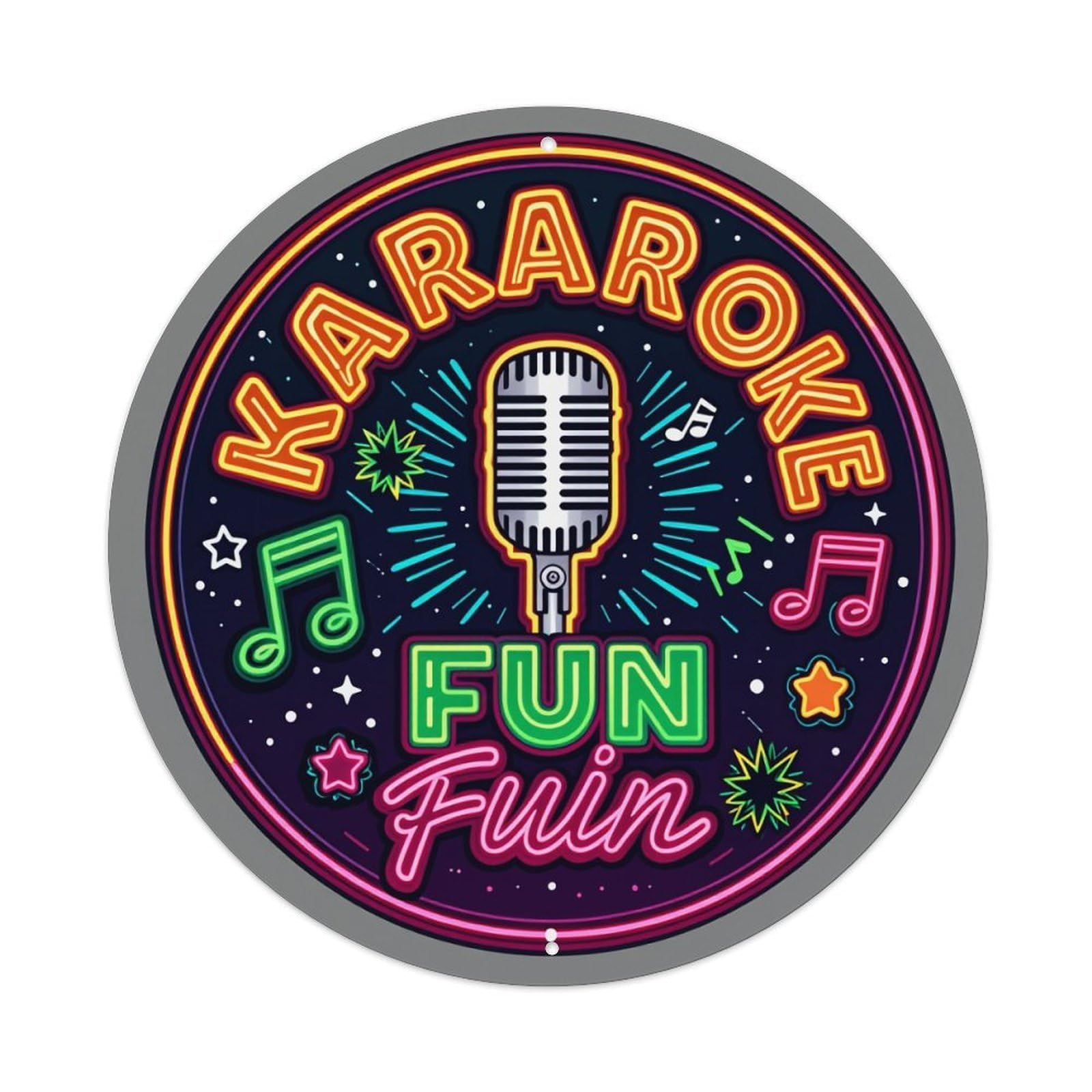 Neon Karaoke Fun Music Stars Round Tin Sign Vintage Metal Poster, Home Bar Garage Man Cave Cafe Indoor & Outdoor Wall Decoration 8x8Inches