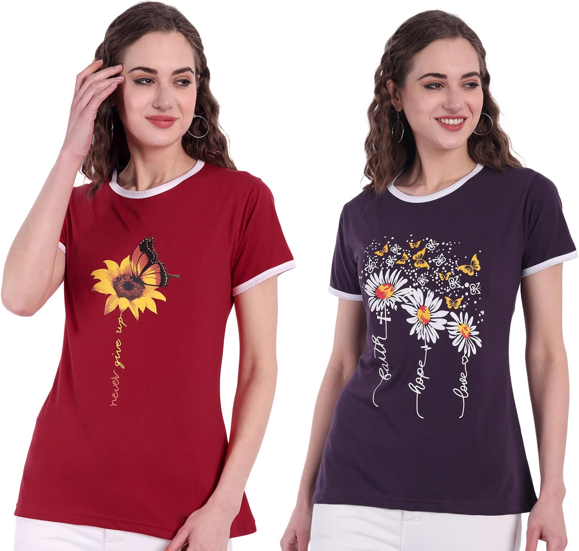 CHOZI Womens T-shirt, Combo of T-shirts for Girls and Women, Half-Sleeves, Round Neck, Cotton T-shirts (Pack of 2, Red & Purple)