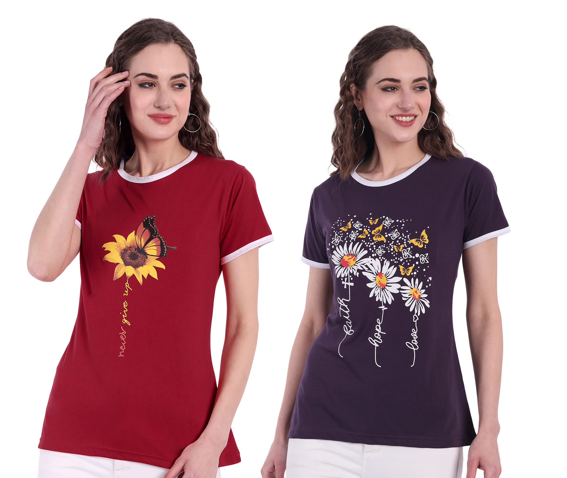 CHOZI Womens T-shirt, Combo of T-shirts for Girls and Women, Half-Sleeves, Round Neck, Cotton T-shirts (Pack of 2, Red & Purple)