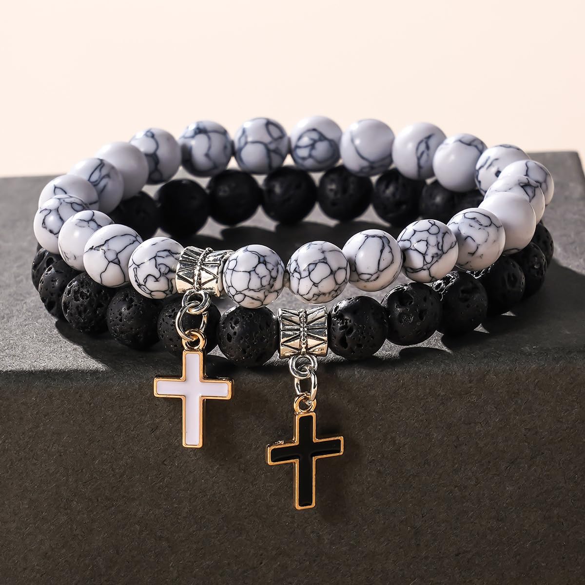 FORUBUS Lava Rock Beaded Bracelet Set with Cross Charm Matching Couple Bracelets Natural Stone Cross Jewelry - Image 4