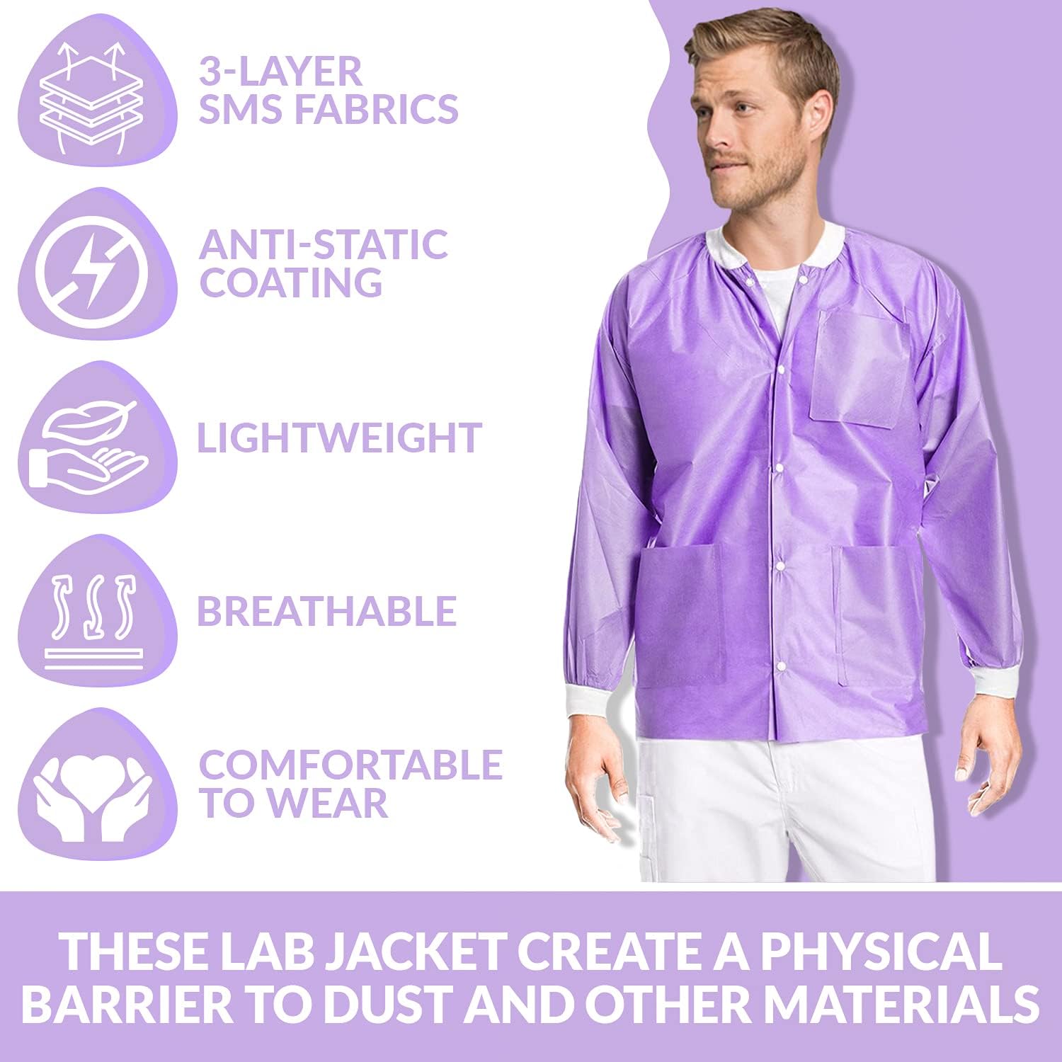 MEDICAL NATION 10 Pack Disposable Lab Jackets - Hip Length Reusable Scrub Jacket Unisex, with Knit Cuffs and Pockets