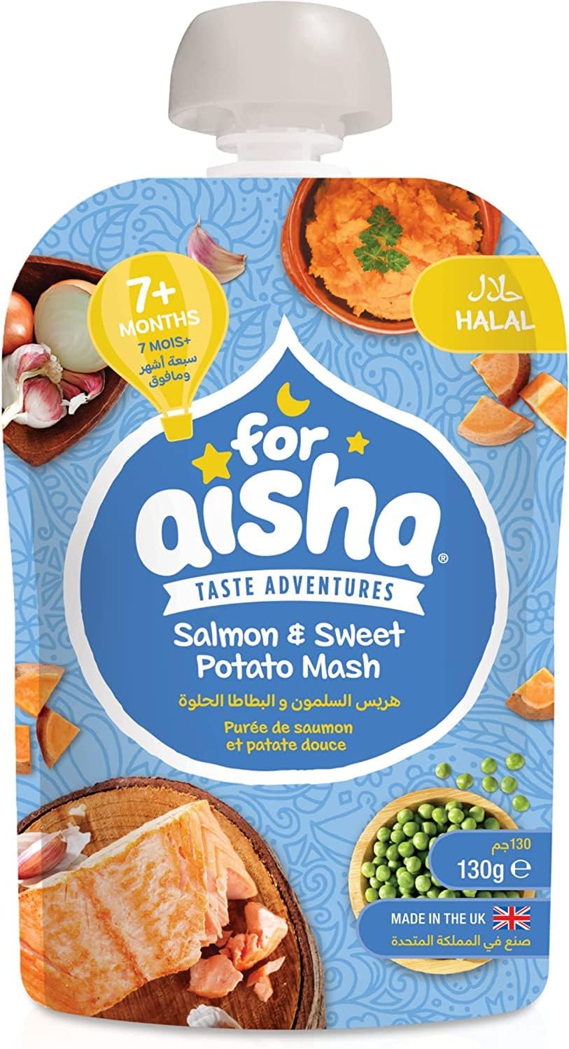 For Aisha 7+ months 130g pouches - Salmon & Sweet Potato Mash with Garden Peas