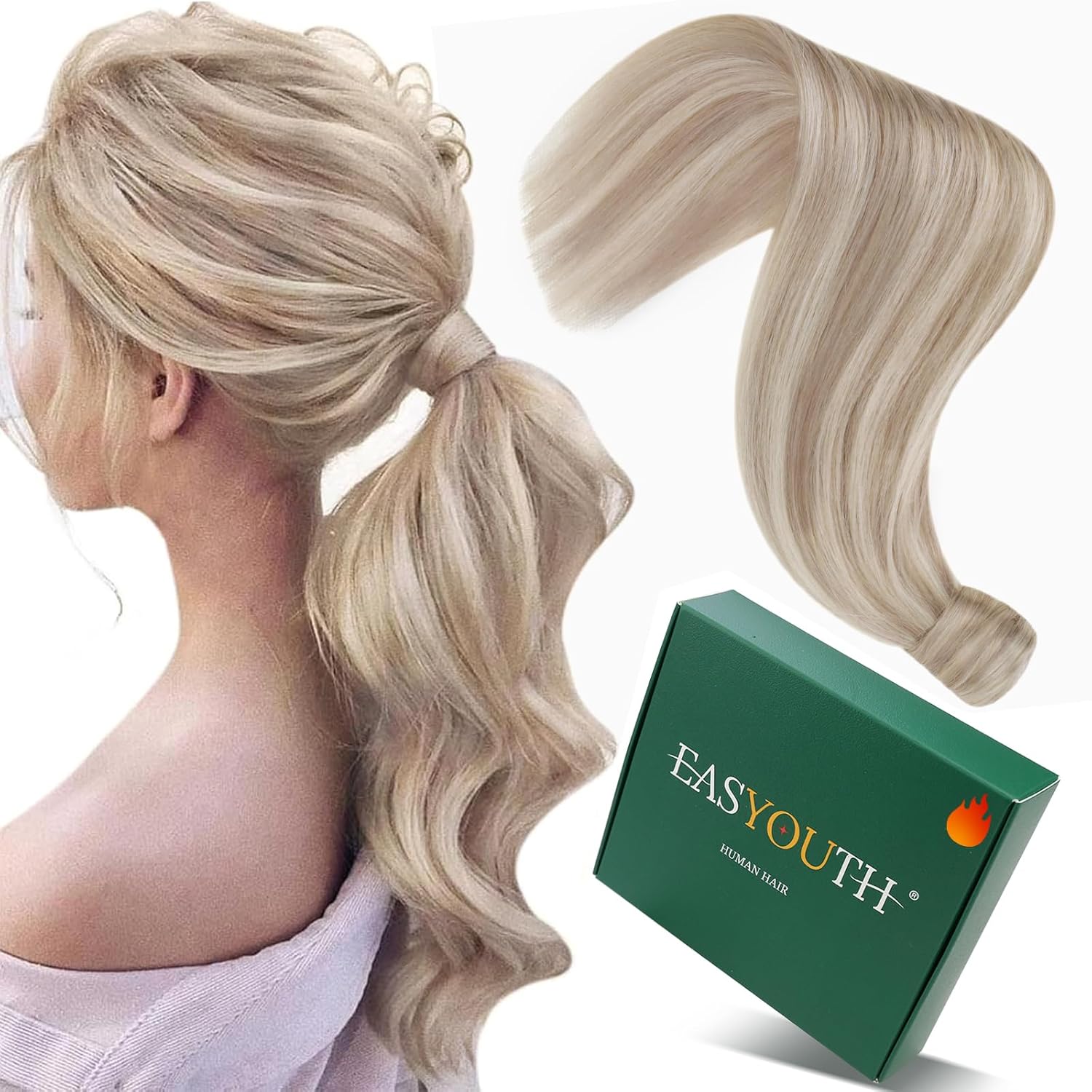 Easyouth Hair Extensions Ponytail Blonde Human Hair Wrap Around Ponytail Highlight Ash Blonde Mix Bleach Blonde Ponytail Hair Extensions Easy to Apply and Remove 14 Inch 70g