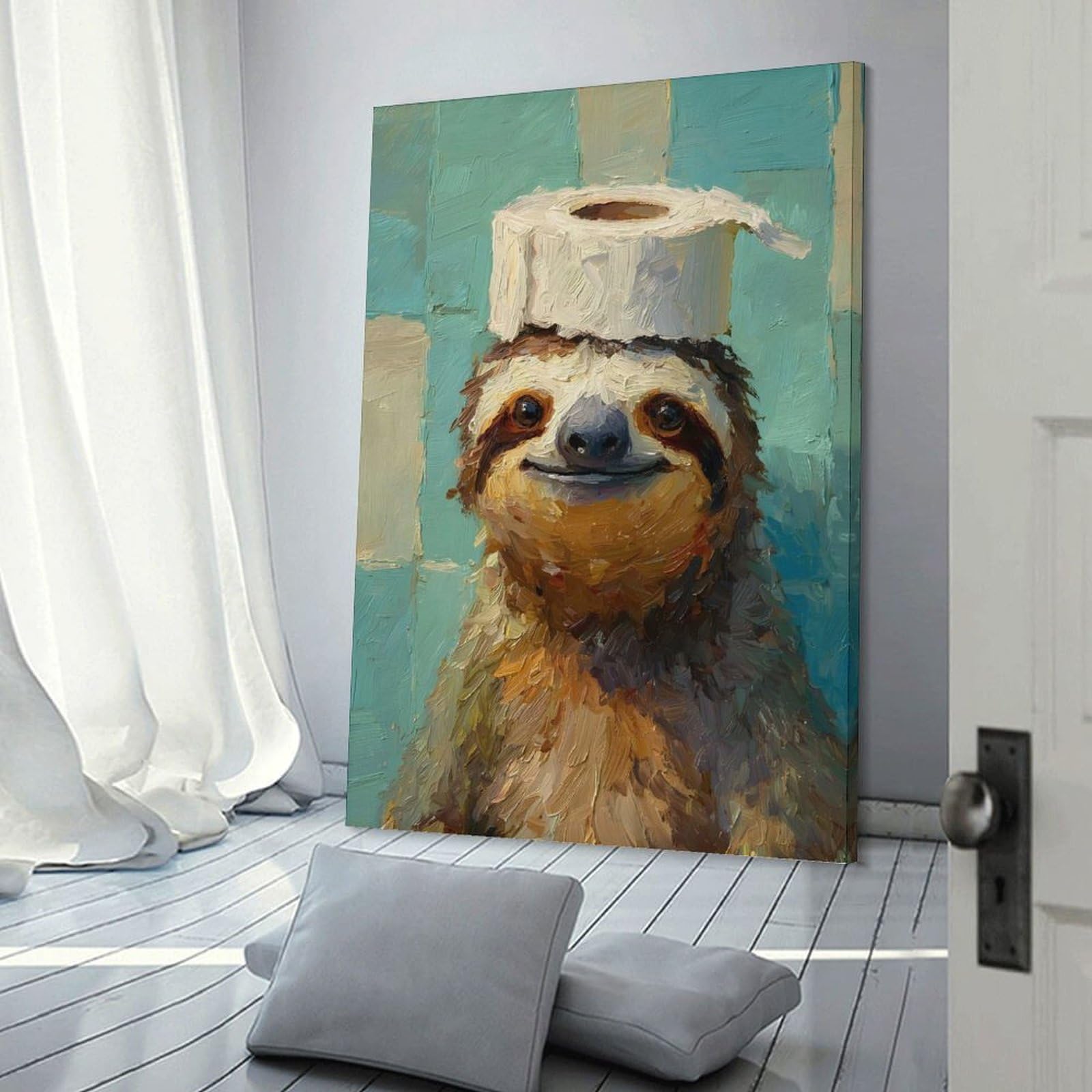 Junmoney Frame-Style-5 Sloth With Toilet Paper Hat Painting Room Decor Wall Art, 08X12inch(20X30cm), For Front Hall, Corridor Or Welcome Spaces, A Neat Decor Update For Hallways