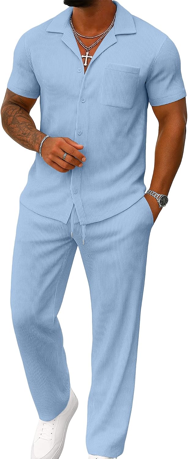 UOUA Mens Summer 2 Piece Set Casual Outfits Button Short Sleeve Shirt & Loose Pants Textured Striped Tracksuit Walking Suits