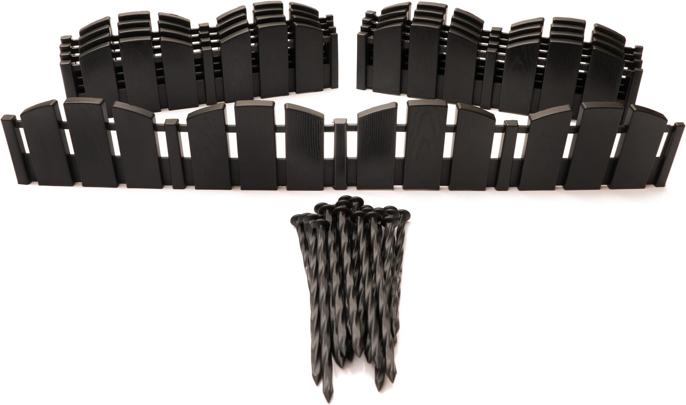 EasyFlex No-Dig Landscape Edging with Anchoring Spikes, 4.5 in. Tall Decorative Adirondack Wood-Look Fence Garden Border, 15 Foot Kit, Black