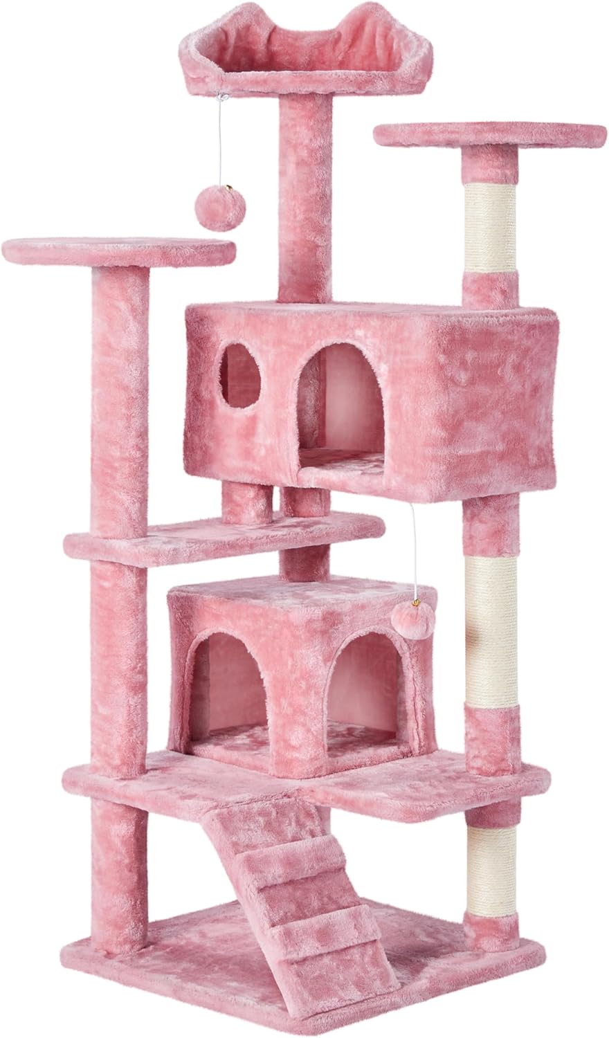 Multi-level Cat Climber Tree with 2 Caves, 2 Balls, 3 Scratching Posts, 3 Platforms, Scratching Post for Small/Medium Cats, Height 138.5 cm, Activity Centre for Cats Pink