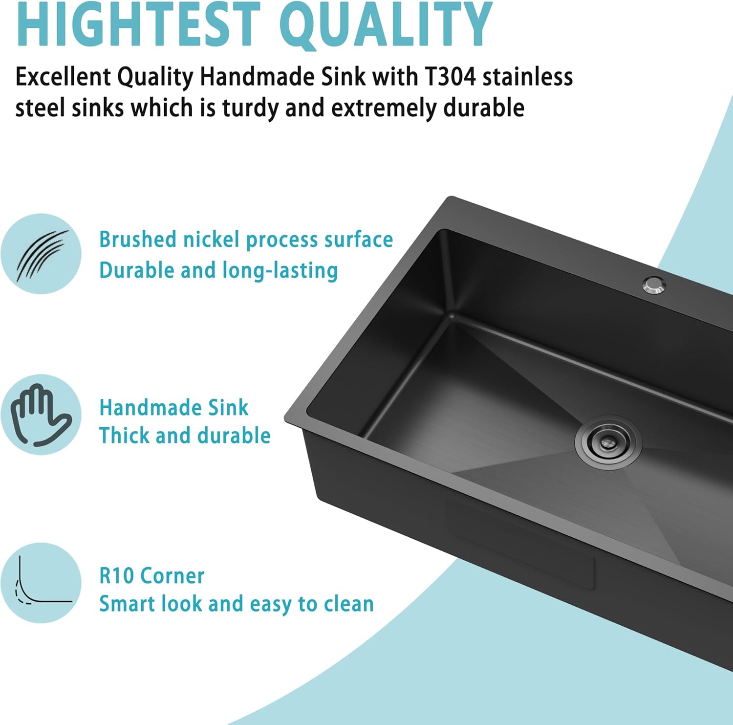 33x22x9 Inch Drop In Deep Single Bowl Kitchen Sink (Topmount), 16 Gauge SUS304 Stainless Steel Black Modern Handmade Sink