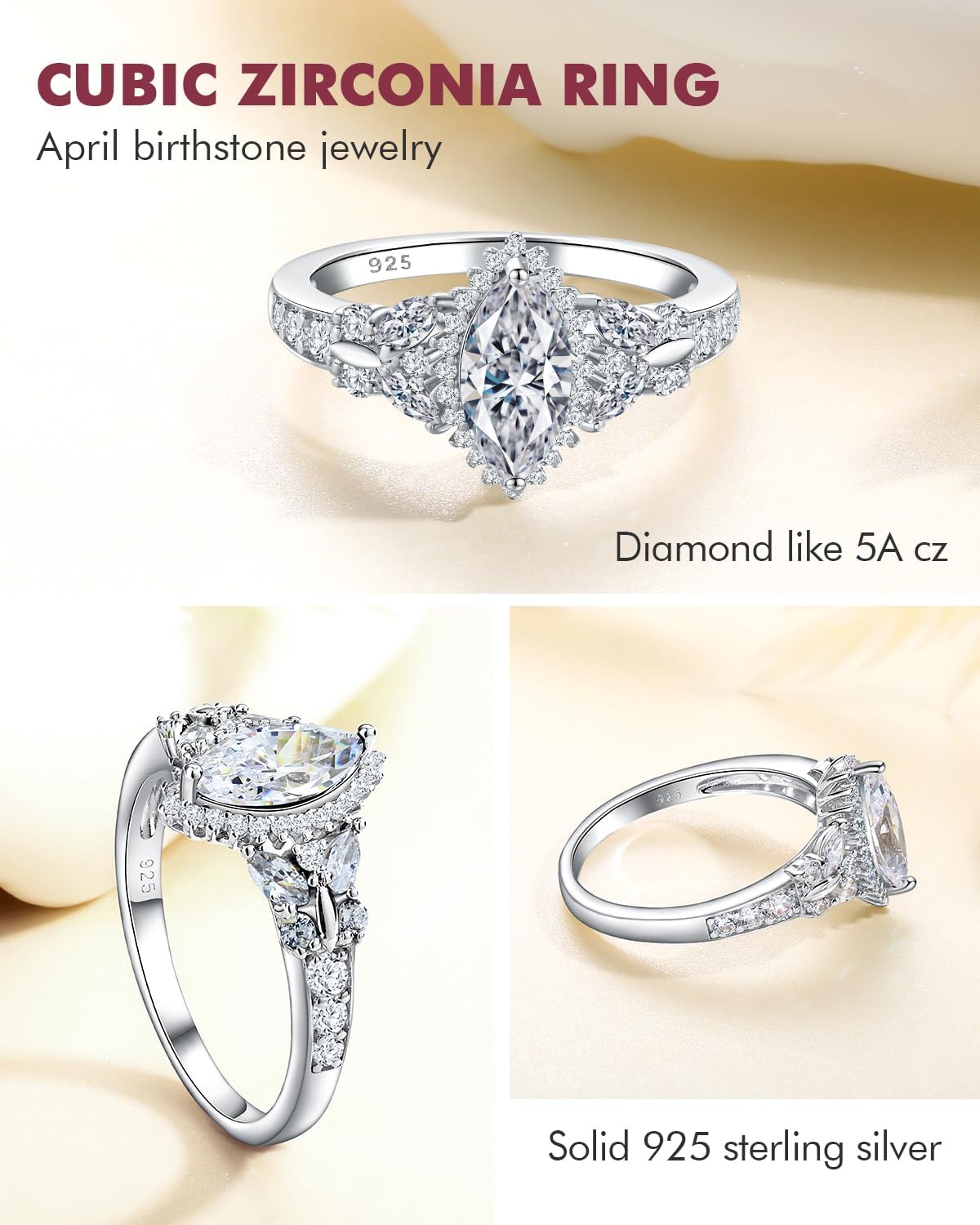 DAYBYDA 925 Sterling Silver Birthstone Rings for Women, Marquise/Cushion Cut Sapphire/Emerald/Aquamarine Ring, Created Gemstone Butterfly Engagement Promsie Rings for Her Size 6-10