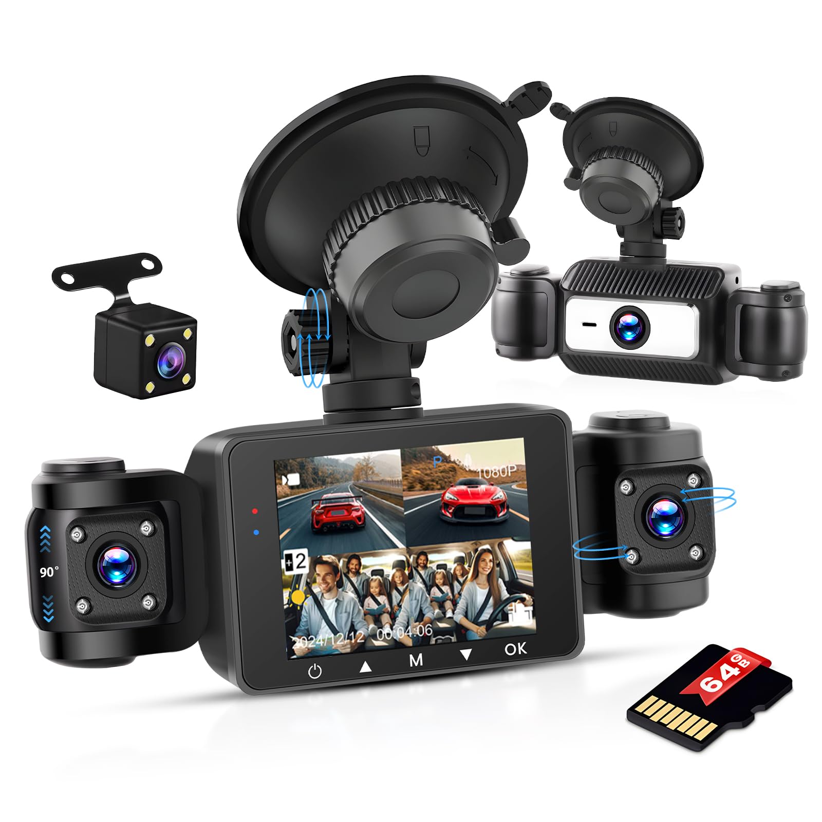 Inefala Full HD 1080P Dash Cam con Quattro Videocamera per Auto 4 Canali 360°, 2,4'' Schermo con 64GB di Memoria e 8 IR Visione Notturna, Registratore di Viaggio con G-Sensor e Monitoraggio Parcheggio