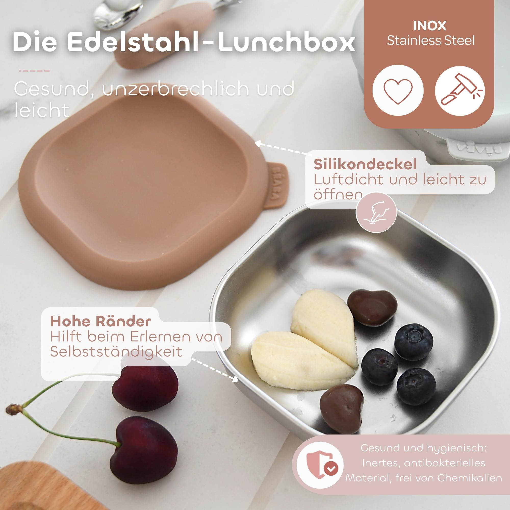 BÉABA Edelstahl-Babybreibehälter Set – Hermetische & Bruchsichere Aufbewahrungsdosen, Mikrowellen- & Gefriergeeignet, BPA-frei, Geruchslos, Wiederverwendbar & Tragbar – Natural Set