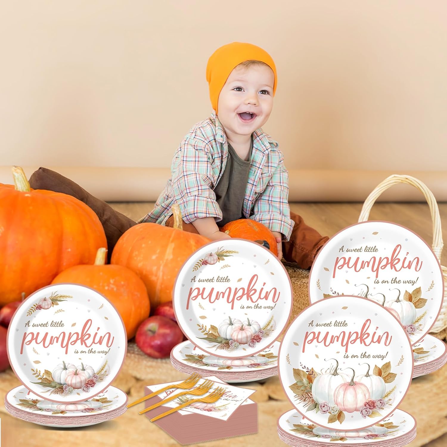 96Pcs Thanksgiving Fall Little Pumpkin Baby Shower Tableware Set Autumn A Sweet Little Pumpkin is on the Way Party Supplies Decorations Disposable Pink Plates Napkins for Girls Serves 24 Guests