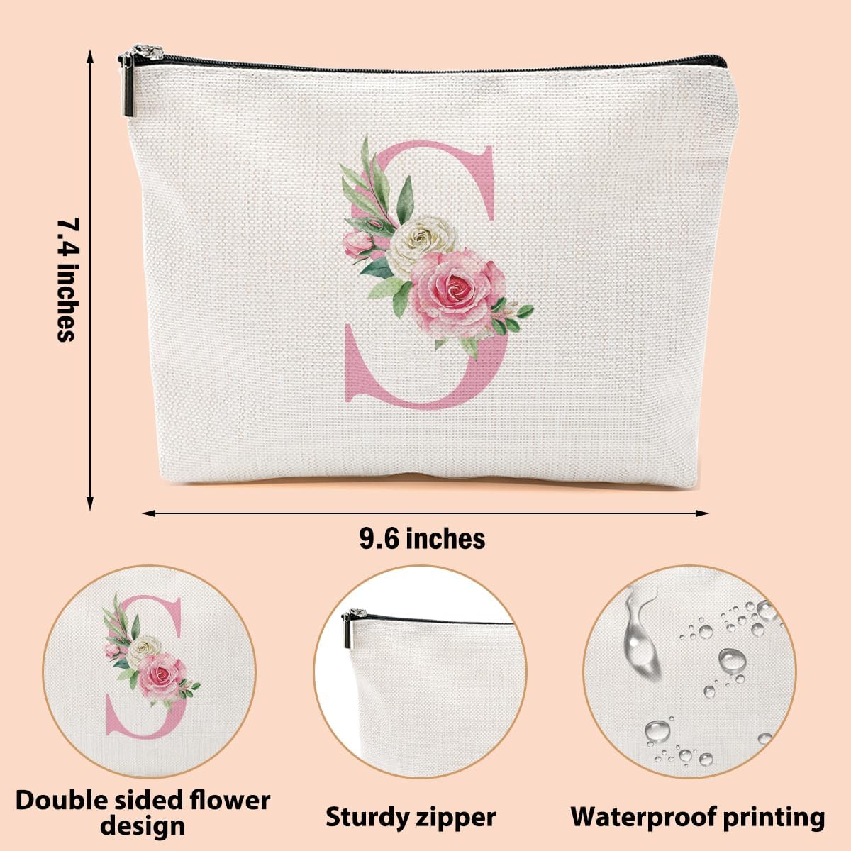 Pink Monogram Makeup Bag, Initial S, Cosmetic Bag Personalized Travel Organizer Bags Makeup Pouch, Monogrammed Gifts for Women Girls Friend Sisters Employee Bridesmaid Wedding Bridal Shower Gifts - Image 2