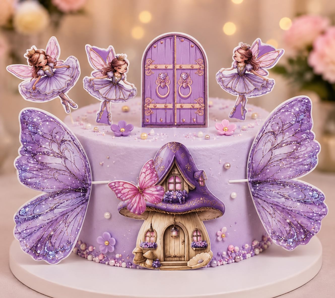 Homebakers Mart Lavender Fairy Butterfly Cake Topper Set for Girls Birthday Cake Decoration | Purple Fairy Theme Mushroom House, Butterfly Wings & Princess Cake Toppers for Party Decor-image-32