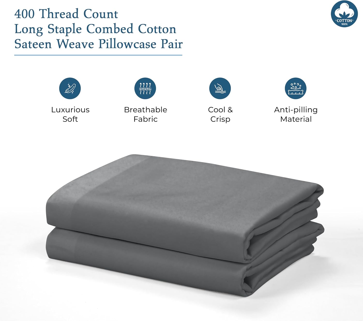 Royale Linens 400 Thread Count 100% American Grown Cotton Queen Pillowcase Set - Luxury Sateen Queen Pillow case - 20"x30" Inch - Soft & Smooth Set of 2 Grey Pillowcases - (Queen, Spanish Slate)