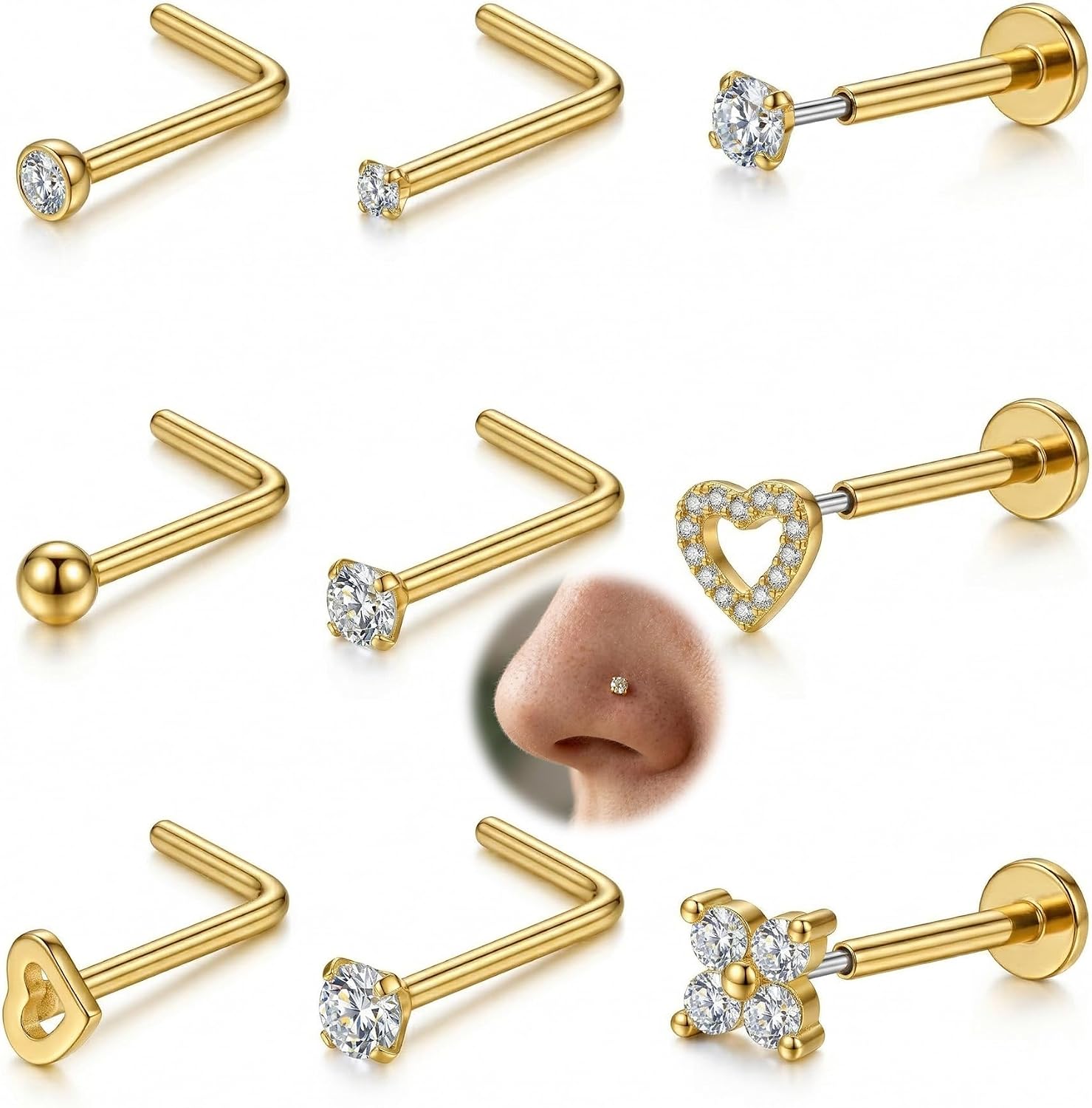 AceFun L Shape Nose Stud Flat Back 18G Threadless Gold Nose Stud for Women Men 316L Stainless Steel CZ Diamond Heart Ball Helix Tragus Piercing Jewelry Nostril Studs 9 Pieces Set