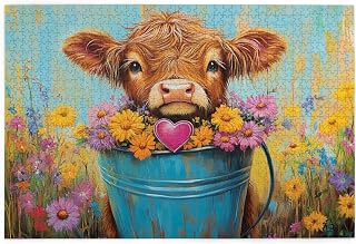 Highland Cow in A Bucket Puzzle, 1000 Pieces, Oil Painting Art, Fun Adult Entertainment Games,Stress Relief and Relaxation,Ideal Gift for Farmhouse Decor Lovers,Wooden Puzzles