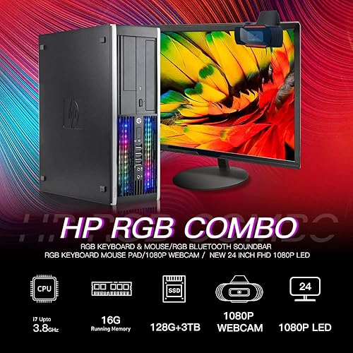 Miniatura 3 de HP RGB Lights Gaming Desktop Combo I7 hasta 3.8 GHz, 16G, 128G SSD+3T, GeForce GT 730 2G GDDR5, nuevo LED 1080P de 24 pulgadas, WiFi, BT 5.0, barra
