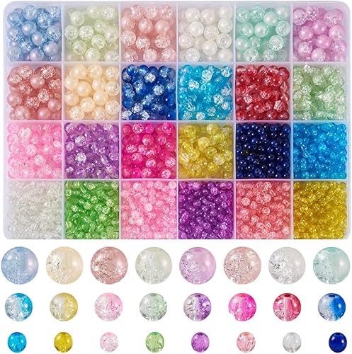 KISSITTY 1800 cuentas de cristal agrietado para la fabricación de joyas, cuentas redondas de 0.157 in, 0.236 in, 0.315 in, cuentas de manualidades