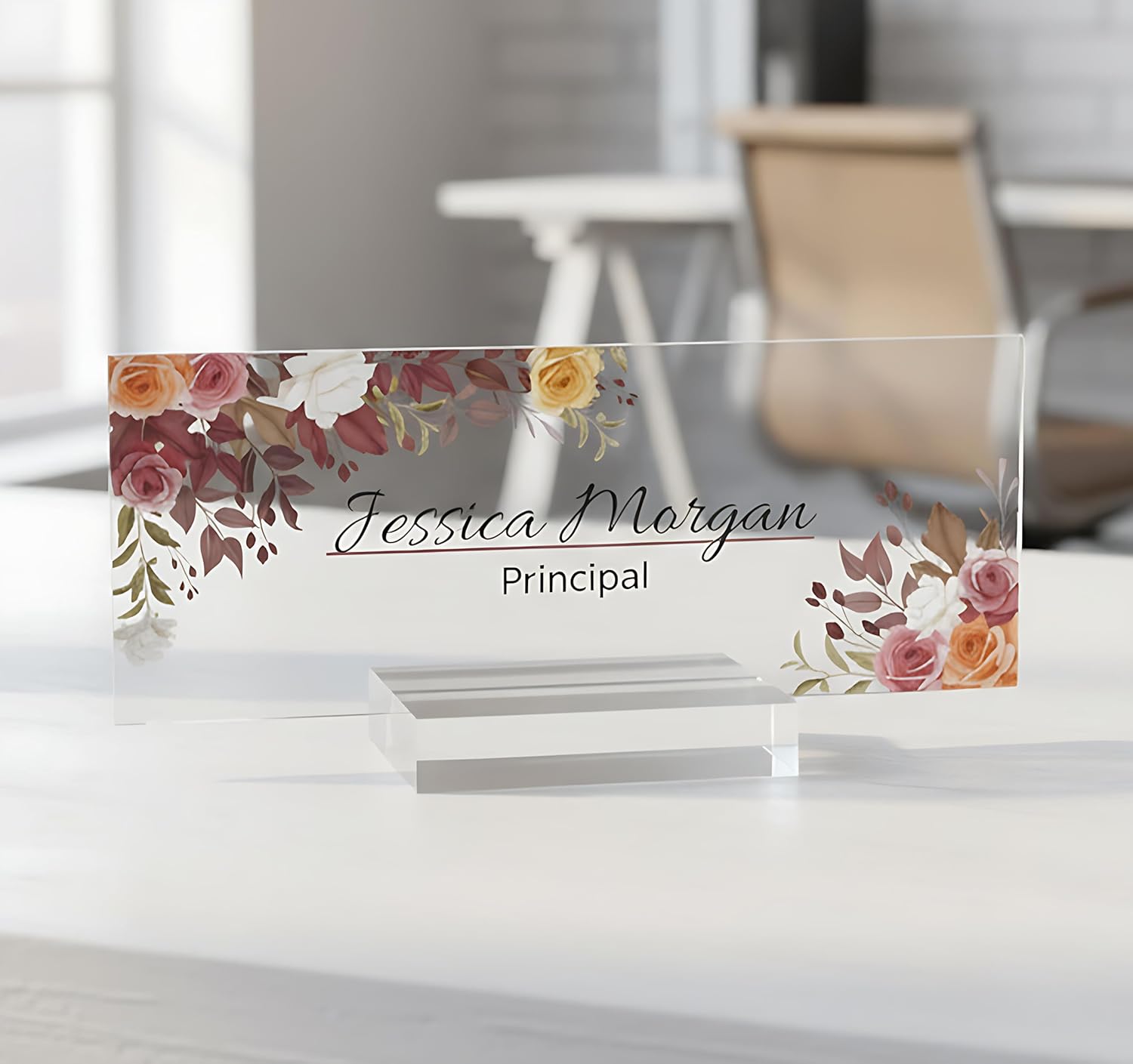 Desk Name Plate Office Supply Personalized Secretary Sign Gift Custom Nurses Teacher Friend School Acrylic Rose Floral Flowers (8"x3")