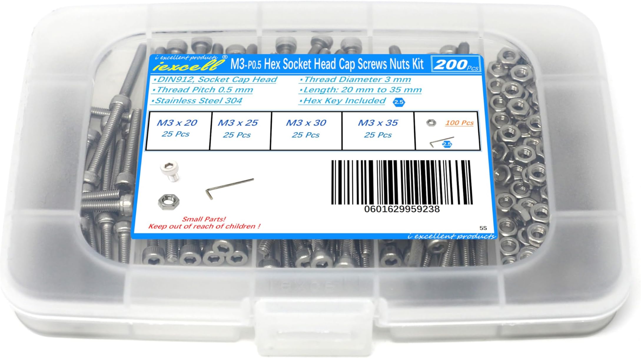 iexcell 200 Pcs M3 x 20/25/30/35 mm Stainless Steel 304 Hex Socket Head Cap Screws Bolts Nuts Assortment Kit