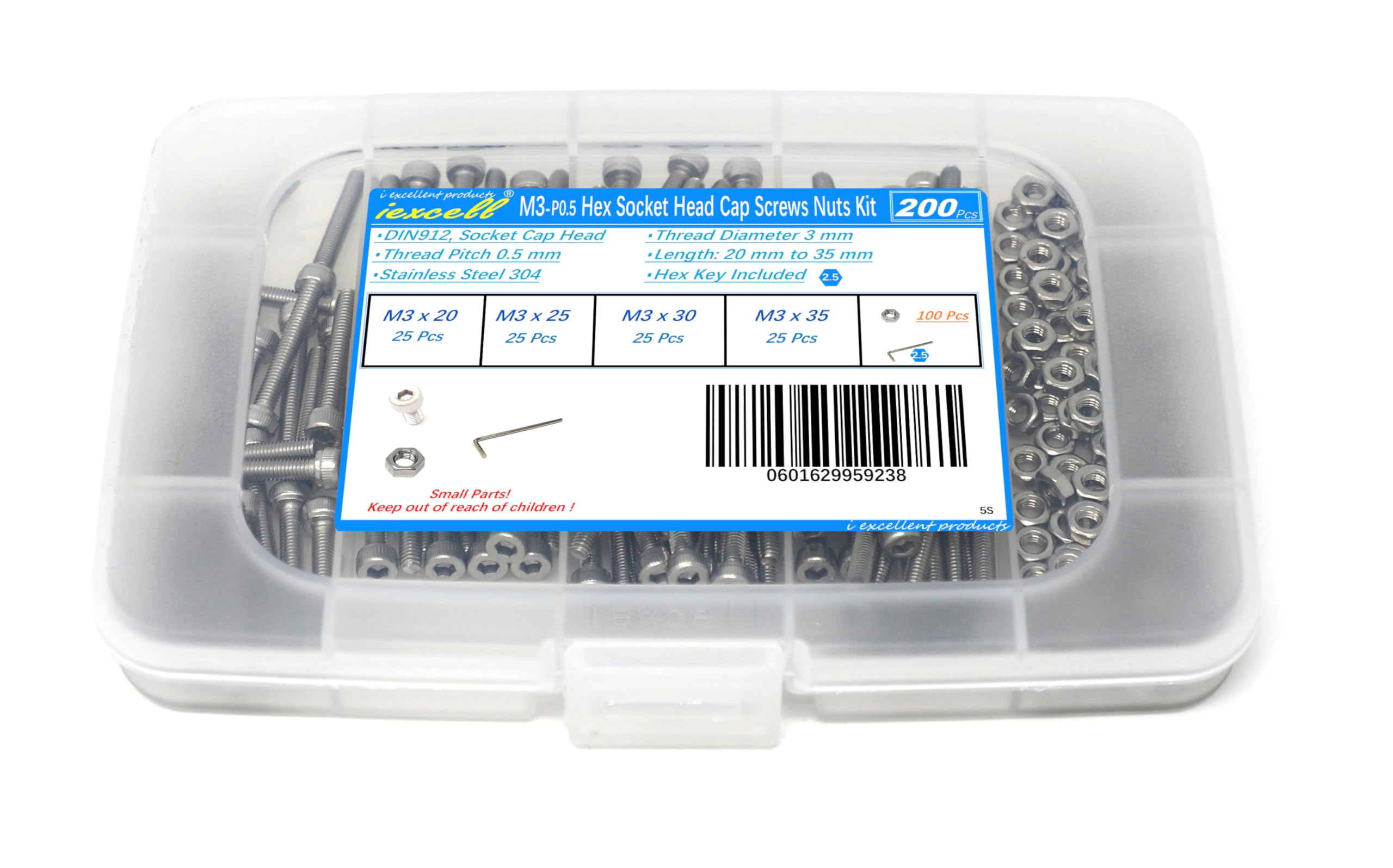 200 Pcs M3 x 20/25/30/35 mm Thread Pitch 0.5 mm Stainless Steel 304 Hex Socket Head Cap Screws Bolts Nuts Assortment Kit