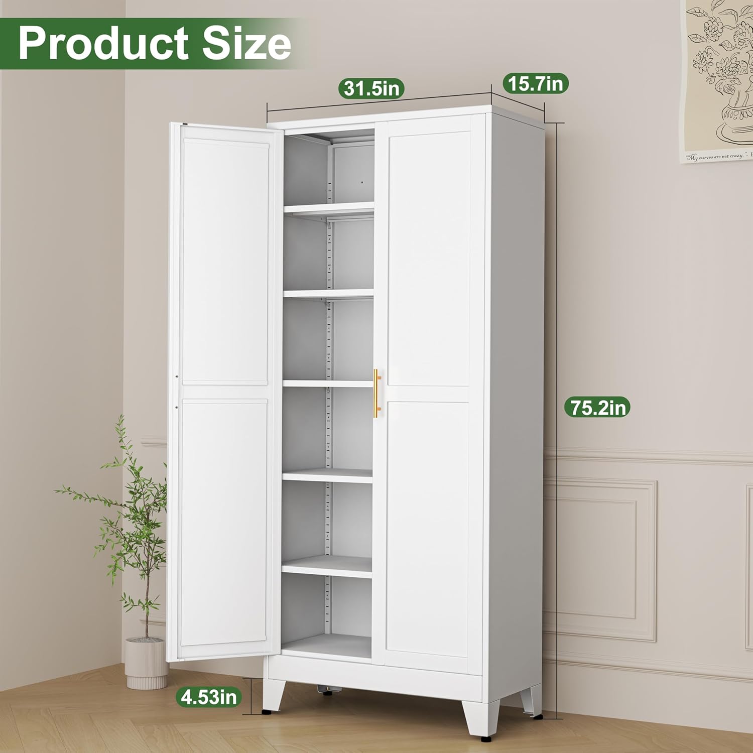 Metal Cabinets with Doors and Shelves, 75" H White Storage Cabinet Pantry Cabinet Garage Cabinets for Kitchen,Living Room, Dinning Room