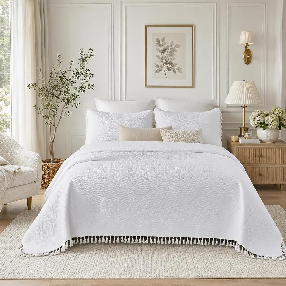 Brandream Luxury Bohemian Bedding Cotton Quilt Set King Size White Boho Matelasse Coverlet Set Hand-Finished Tassel Edges 3 Piece Set