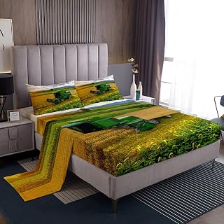 Tractor Bed Sheets Set Twin Size Farmland Sheet Set for Kids Boys Girls Decor Western Farm Tractor Sheets with Deep Pocket Fitted Sheet Microfiber Vehicle Bedding Set Bedroom Machinery Truck Bed Set