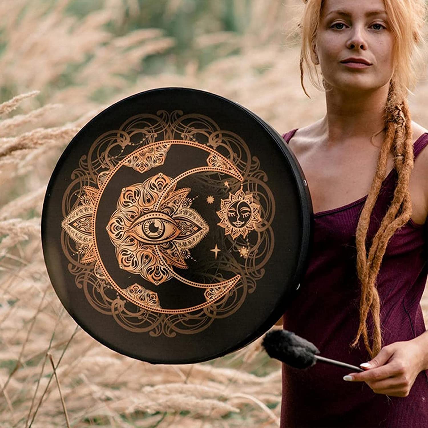 Tambour chamanique Fait à la Main, Tambour de Lune alchimique avec Symbole de la musique spirituelle du tambour sibérien