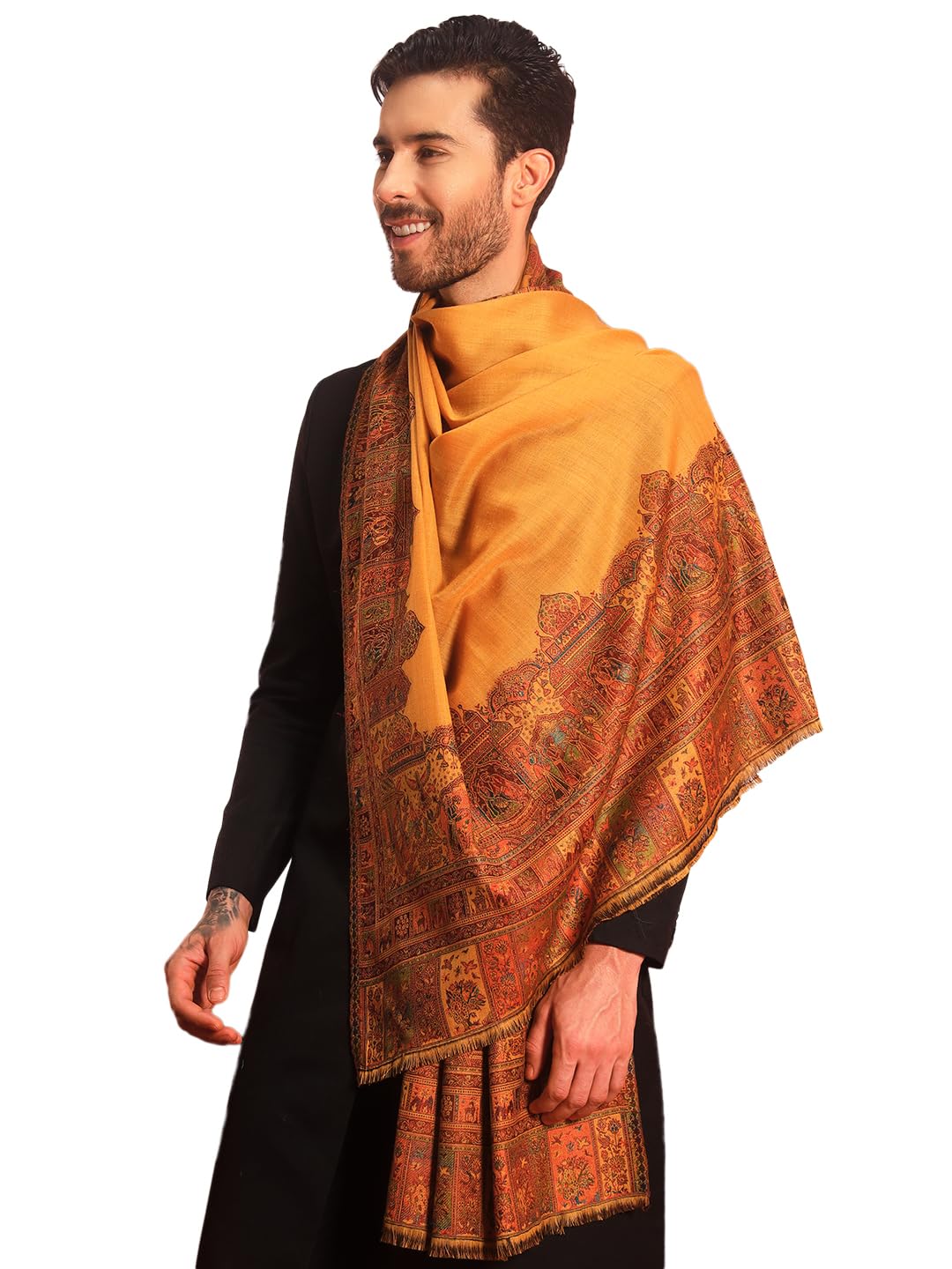 pashmoda Men Arcadia Borders Jamawar Shawl, Stole and Wrap, Sustainable and Natural Fabric, Heritage Kashmiri Pashmina, Medium Size for Gents, (Size 40x80 Inches)-picture-17