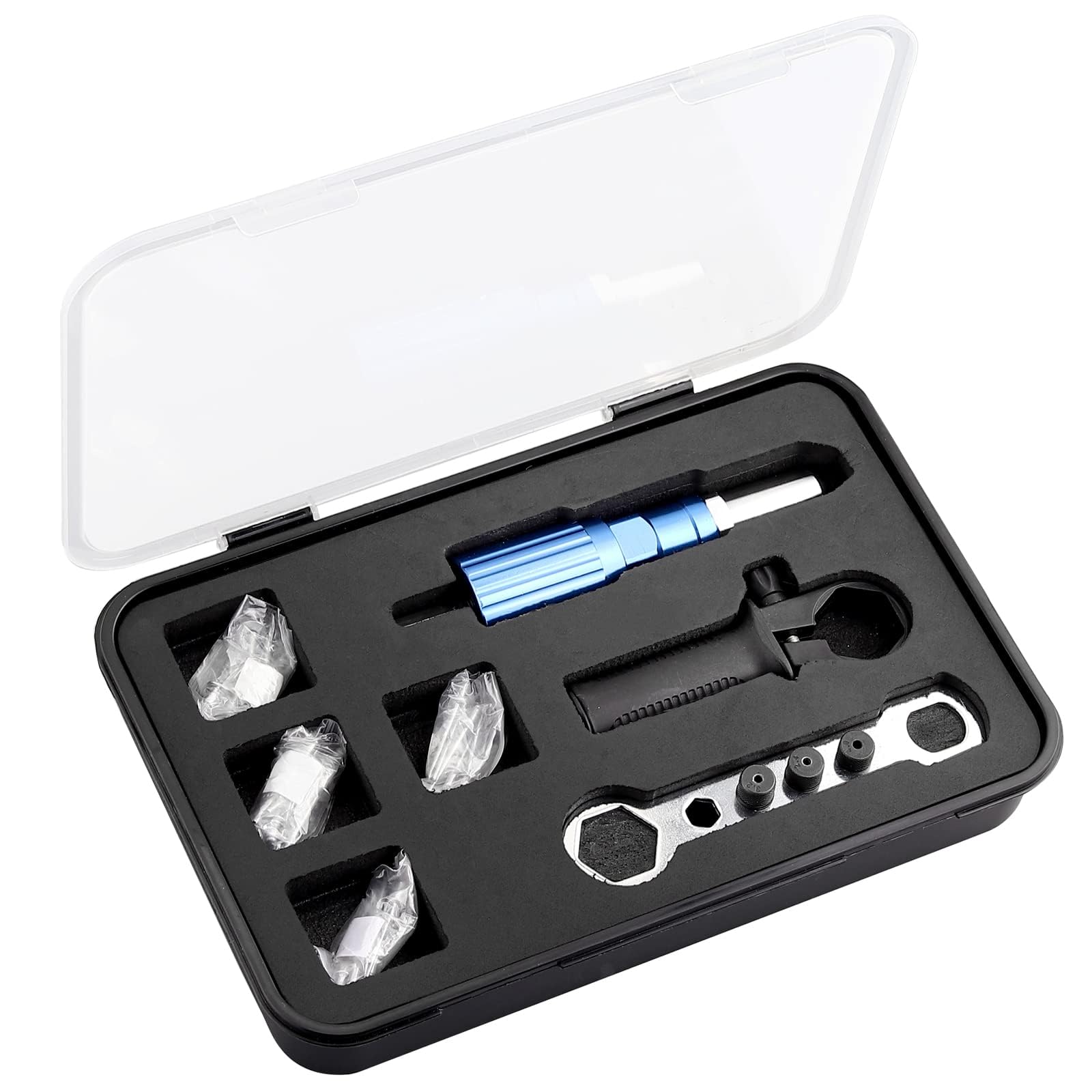 AUTOUTLET Adaptateur de Pistolet à Riveter sans Fil avec Clé pour Le Stockage des Buses avec Poignée 1 Étui Transparent en PVC 80 PCS Rivets 20 par Taille 2,4 3,2 4,0 4,8 mm