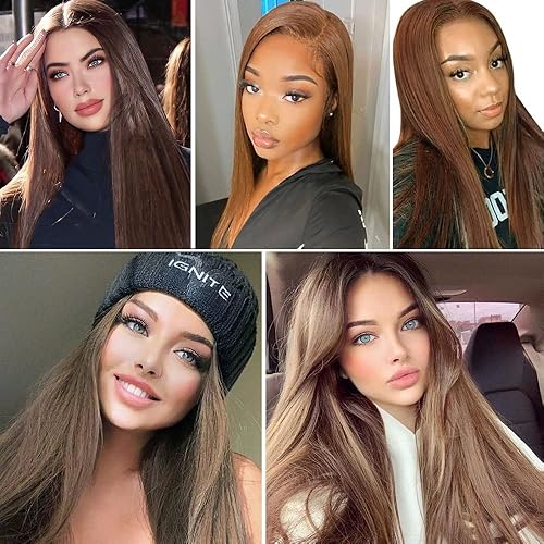 Miniatura 5 de Missyvan Pelucas de encaje frontal de cabello largo y lacio, color marrón natural, sin pegamento, castaño y rubio, pelucas sintéticas con encaje
