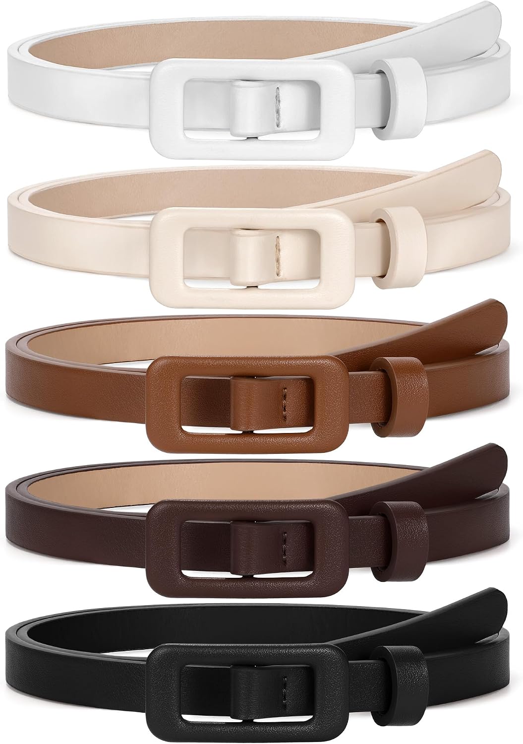 VONMELLI 5 Packs Womens Skinny Leather Belt Thin No Hole Waist Belt for Women Fashion Jeans Dress Pants 0.55" Width