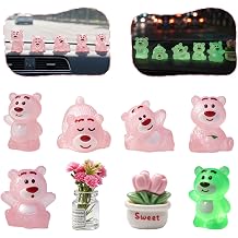 Mini Dashboard Decorations for Car, 7 Pcs Pink Bear Vehicle Decor Set, Cute Glow in The Dark Dashboard Accessories with Daisy Flower, Adorable Stress Relief Ornaments, Car Interior Decoration