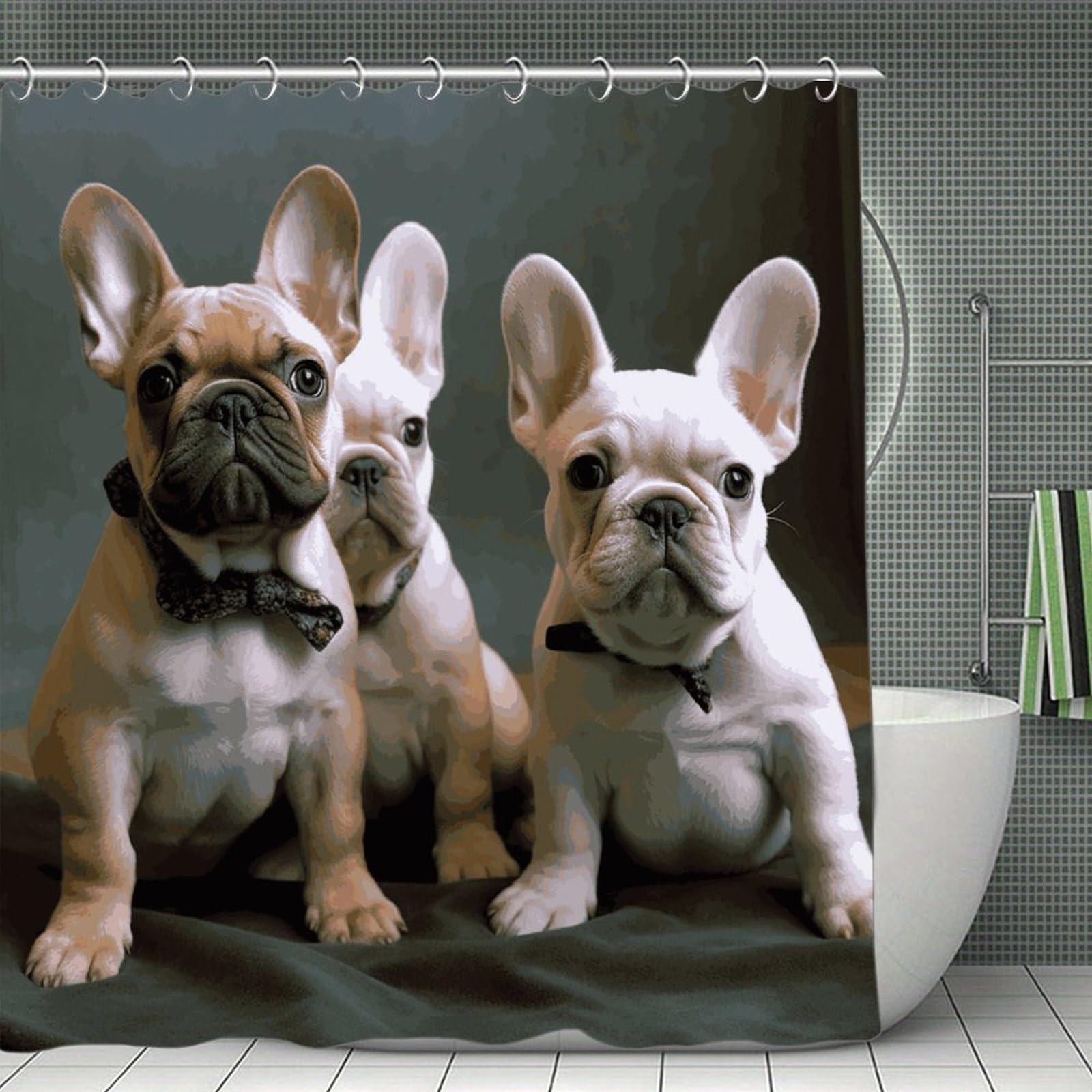 JTREHY French Bulldog Puppies Shower Curtain Waterproof Bathroom Shower Curtain Machine Washable Bath Curtains Polyester Cloth Bath Curtains for Bathroom Showers 70.8×70.8Inch