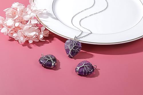 Miniatura 8 de Top Plaza - Collar de cuarzo rosa natural curativo con árbol de la vida envuelto en alambre de plata con forma de corazón colgante para mujeres y
