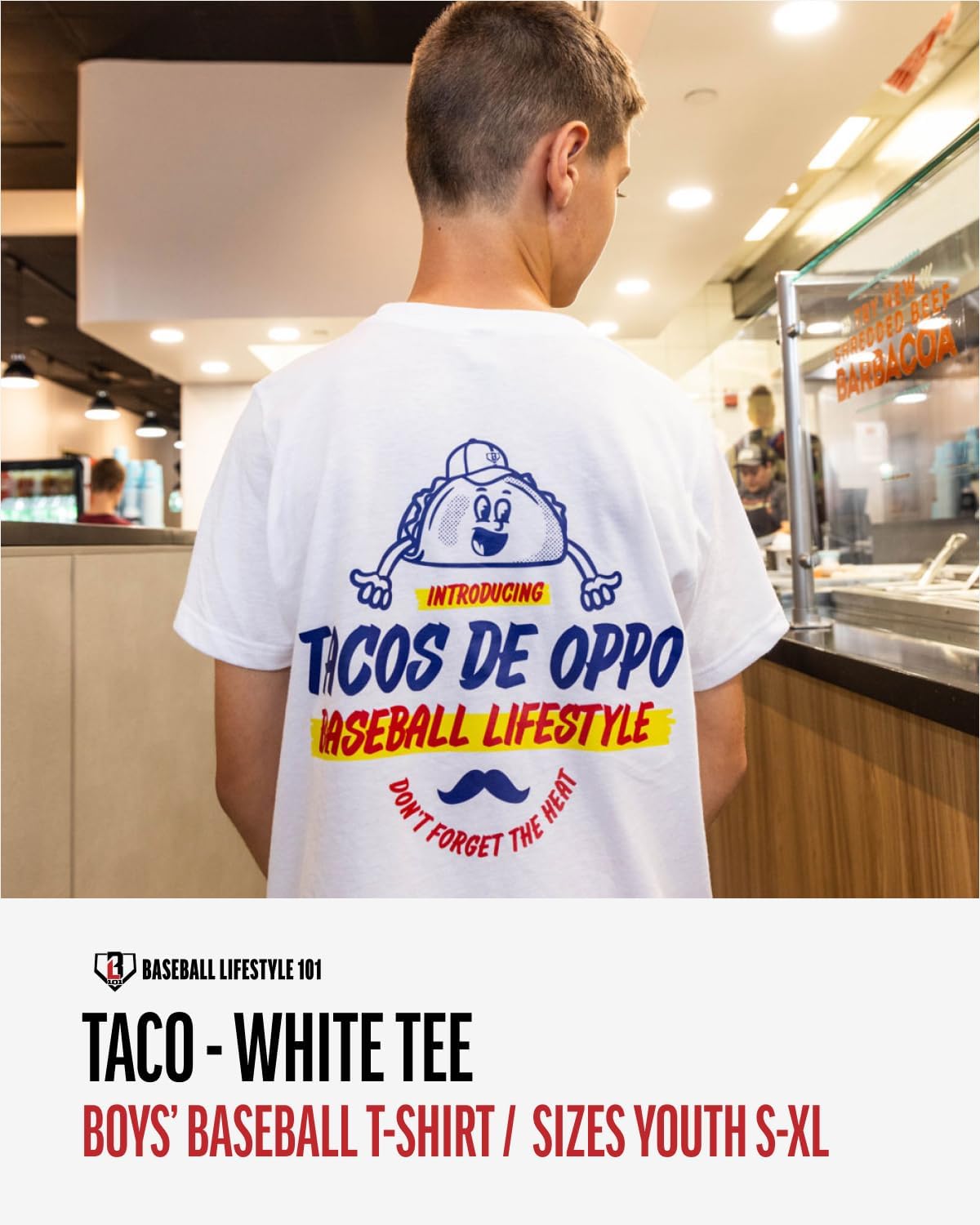 Baseball Lifestyle 101 Taco Youth Tee for Boys - White, Soft 60/40 Blend, Breathable, Side-Seamed, Sizes Youth S-XL