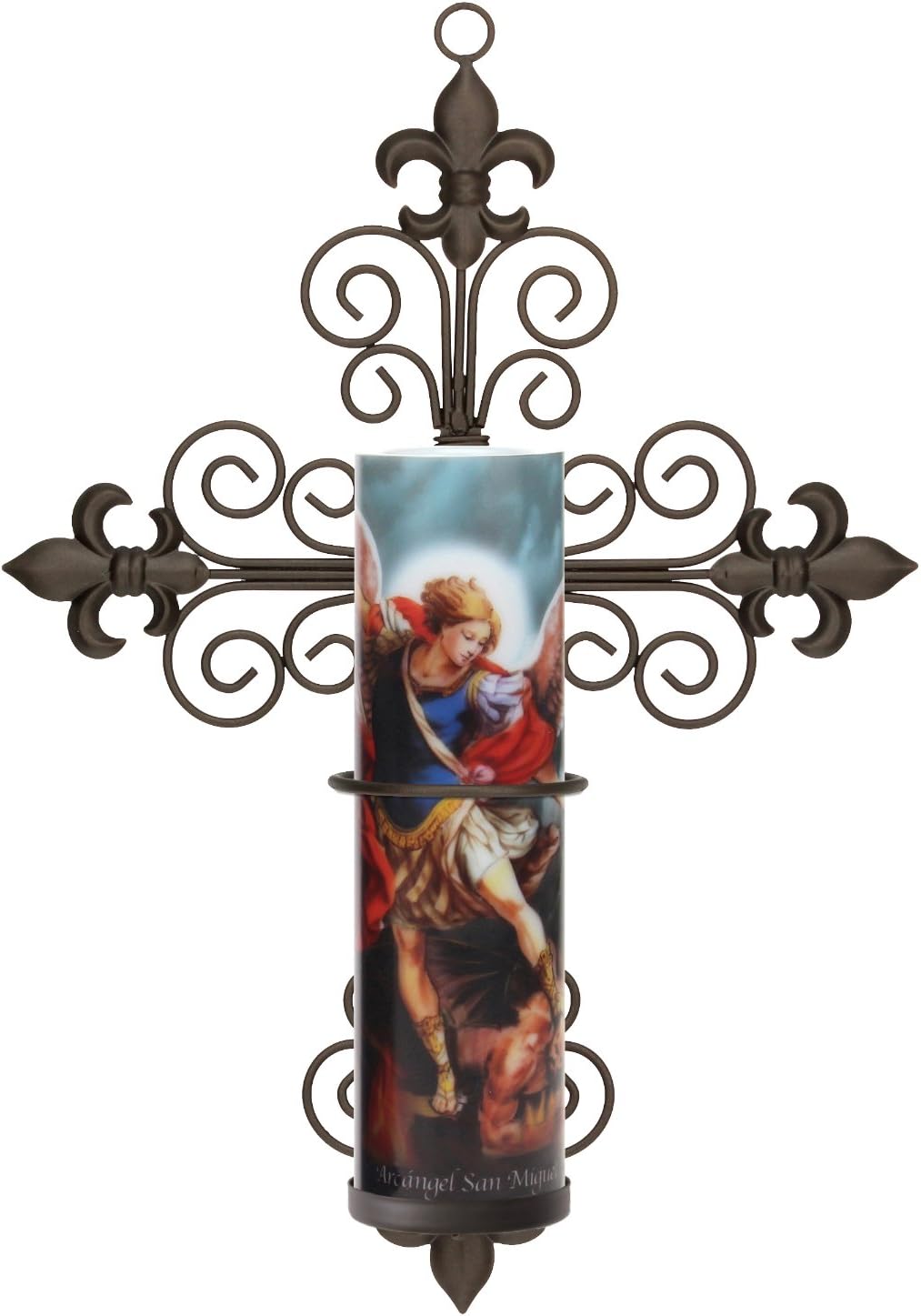 Saint Michael LED Flameless Candle with Cross Fleur de lis Wall Sconce