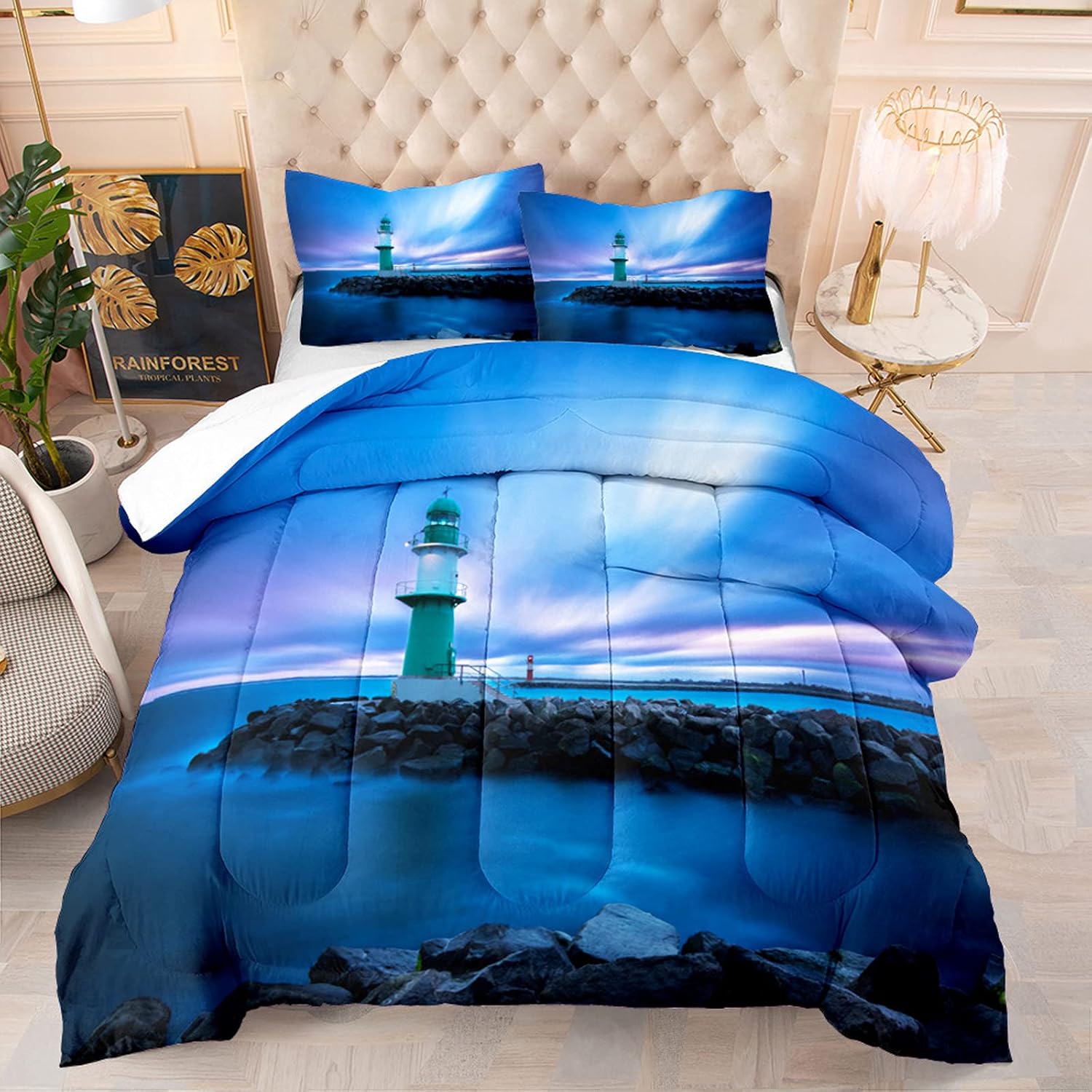 Lianai Lighthouse Bedroom Comforter Set Queen Size Blue